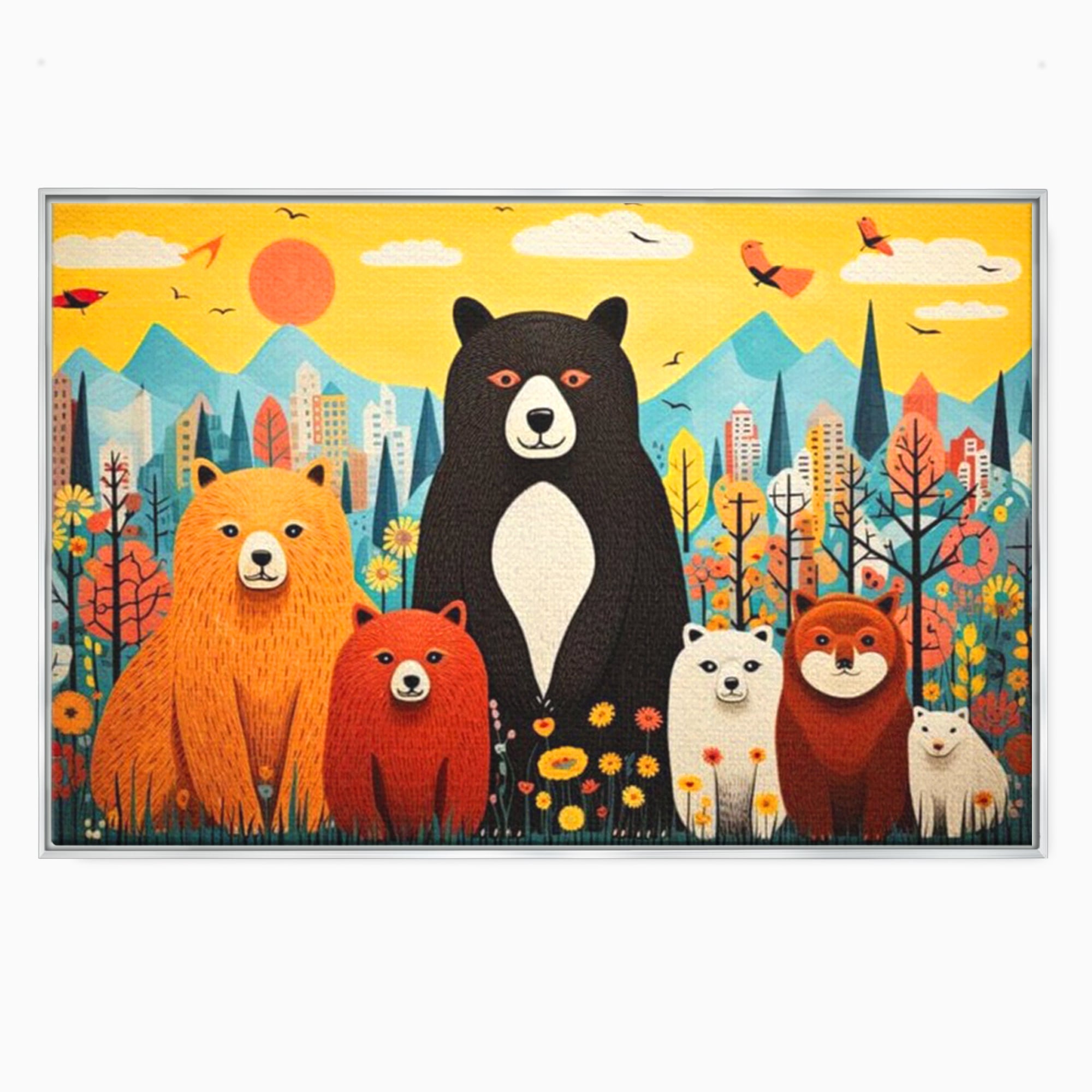 Tablou Canvas Premium, LuxCanva® K1007, Familia de Ursuleti, Padure, Munte, Oras, Prieteni, Poiana, Magica, Decor, Veselie, Prietenie, Caldura, Natura, Barlog, Camera Copii