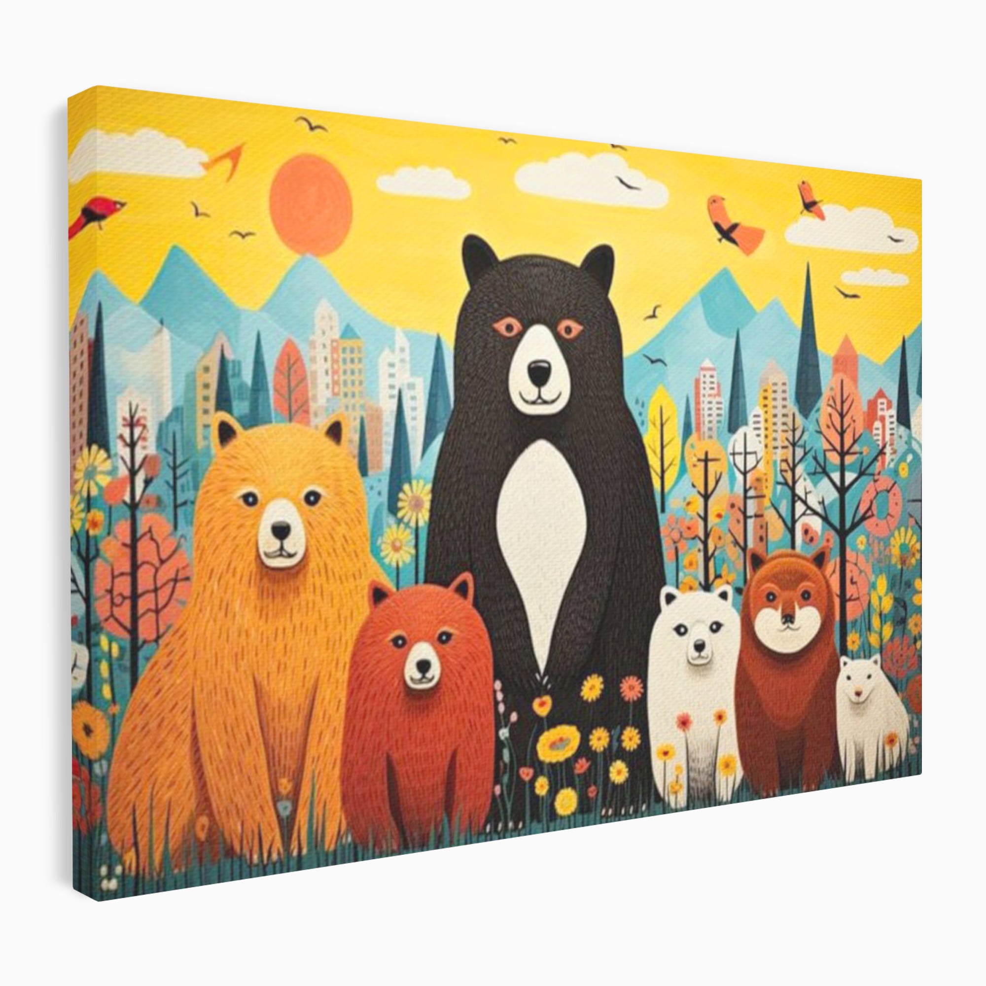 Tablou Canvas Premium, LuxCanva® K1007, Familia de Ursuleti, Padure, Munte, Oras, Prieteni, Poiana, Magica, Decor, Veselie, Prietenie, Caldura, Natura, Barlog, Camera Copii