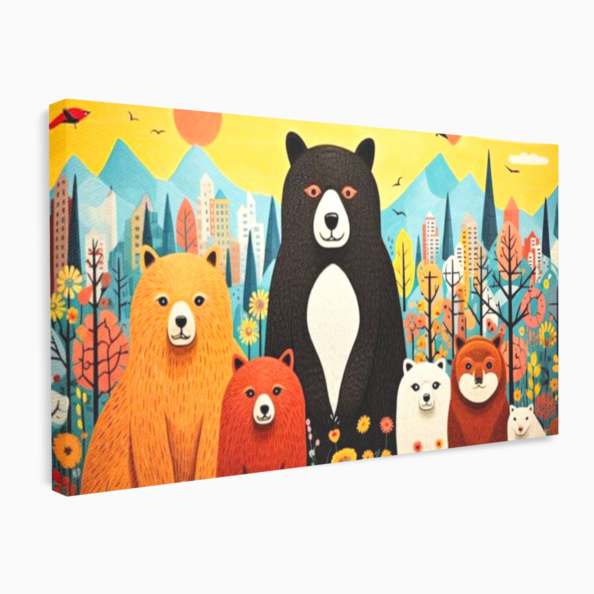 Tablou Canvas Premium, LuxCanva® K1007, Familia de Ursuleti, Padure, Munte, Oras, Prieteni, Poiana, Magica, Decor, Veselie, Prietenie, Caldura, Natura, Barlog, Camera Copii