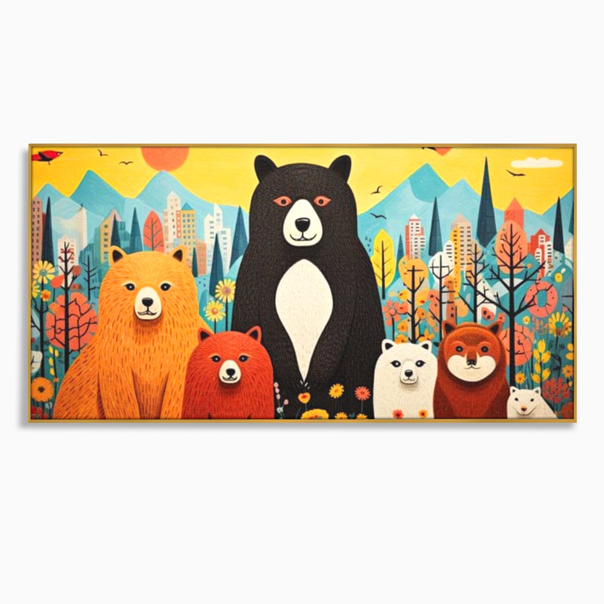 Tablou Canvas Premium, LuxCanva® K1007, Familia de Ursuleti, Padure, Munte, Oras, Prieteni, Poiana, Magica, Decor, Veselie, Prietenie, Caldura, Natura, Barlog, Camera Copii