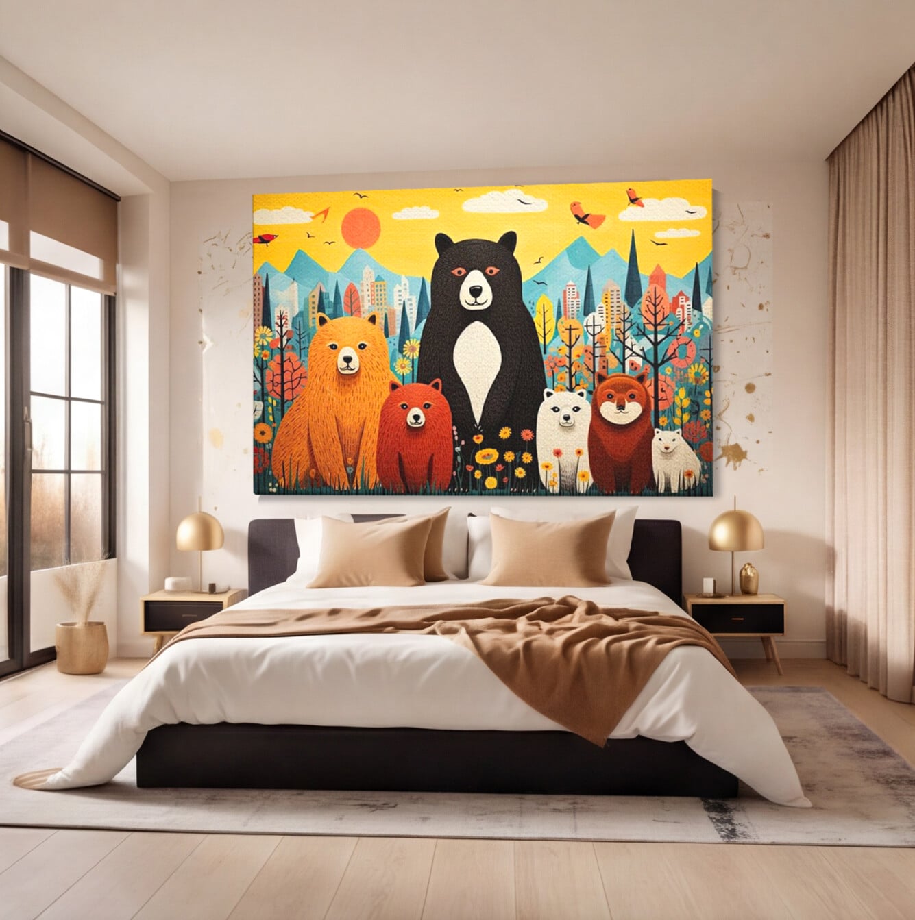 Tablou Canvas Premium, LuxCanva® K1007, Familia de Ursuleti, Padure, Munte, Oras, Prieteni, Poiana, Magica, Decor, Veselie, Prietenie, Caldura, Natura, Barlog, Camera Copii