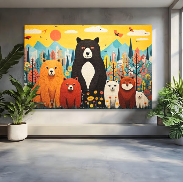 Tablou Canvas Premium, LuxCanva® K1007, Familia de Ursuleti, Padure, Munte, Oras, Prieteni, Poiana, Magica, Decor, Veselie, Prietenie, Caldura, Natura, Barlog, Camera Copii