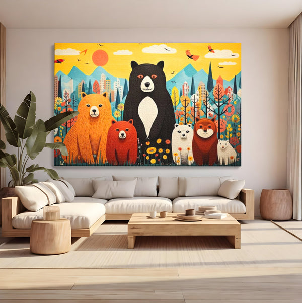 Tablou Canvas Premium, LuxCanva® K1007, Familia de Ursuleti, Padure, Munte, Oras, Prieteni, Poiana, Magica, Decor, Veselie, Prietenie, Caldura, Natura, Barlog, Camera Copii