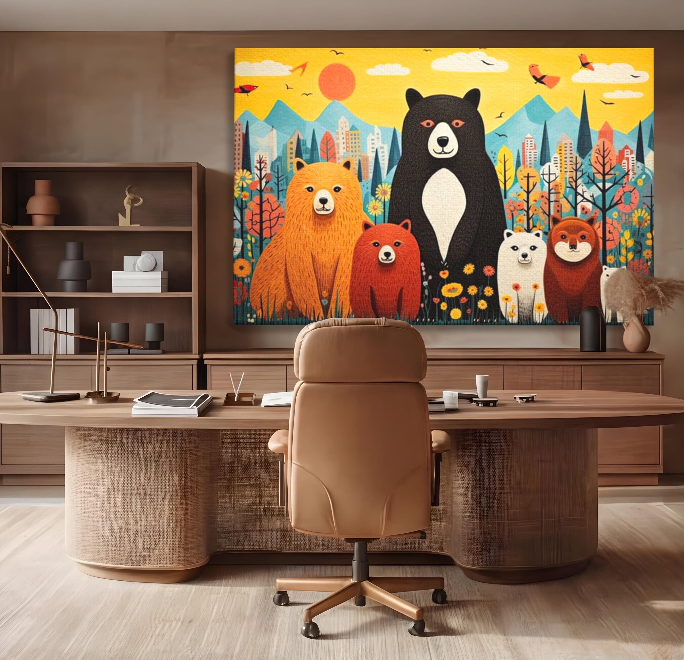 Tablou Canvas Premium, LuxCanva® K1007, Familia de Ursuleti, Padure, Munte, Oras, Prieteni, Poiana, Magica, Decor, Veselie, Prietenie, Caldura, Natura, Barlog, Camera Copii