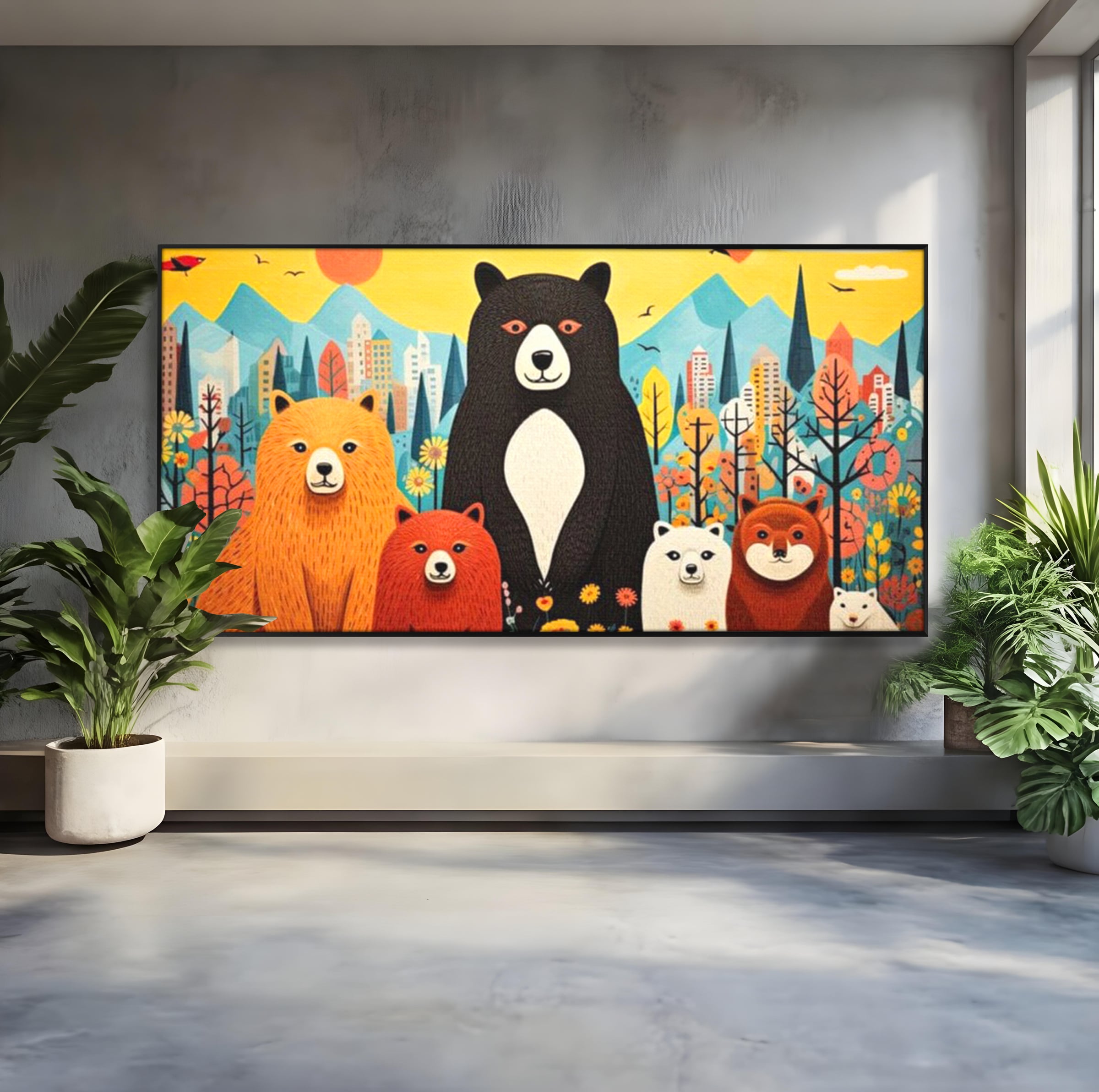 Tablou Canvas Premium, LuxCanva® K1007, Familia de Ursuleti, Padure, Munte, Oras, Prieteni, Poiana, Magica, Decor, Veselie, Prietenie, Caldura, Natura, Barlog, Camera Copii