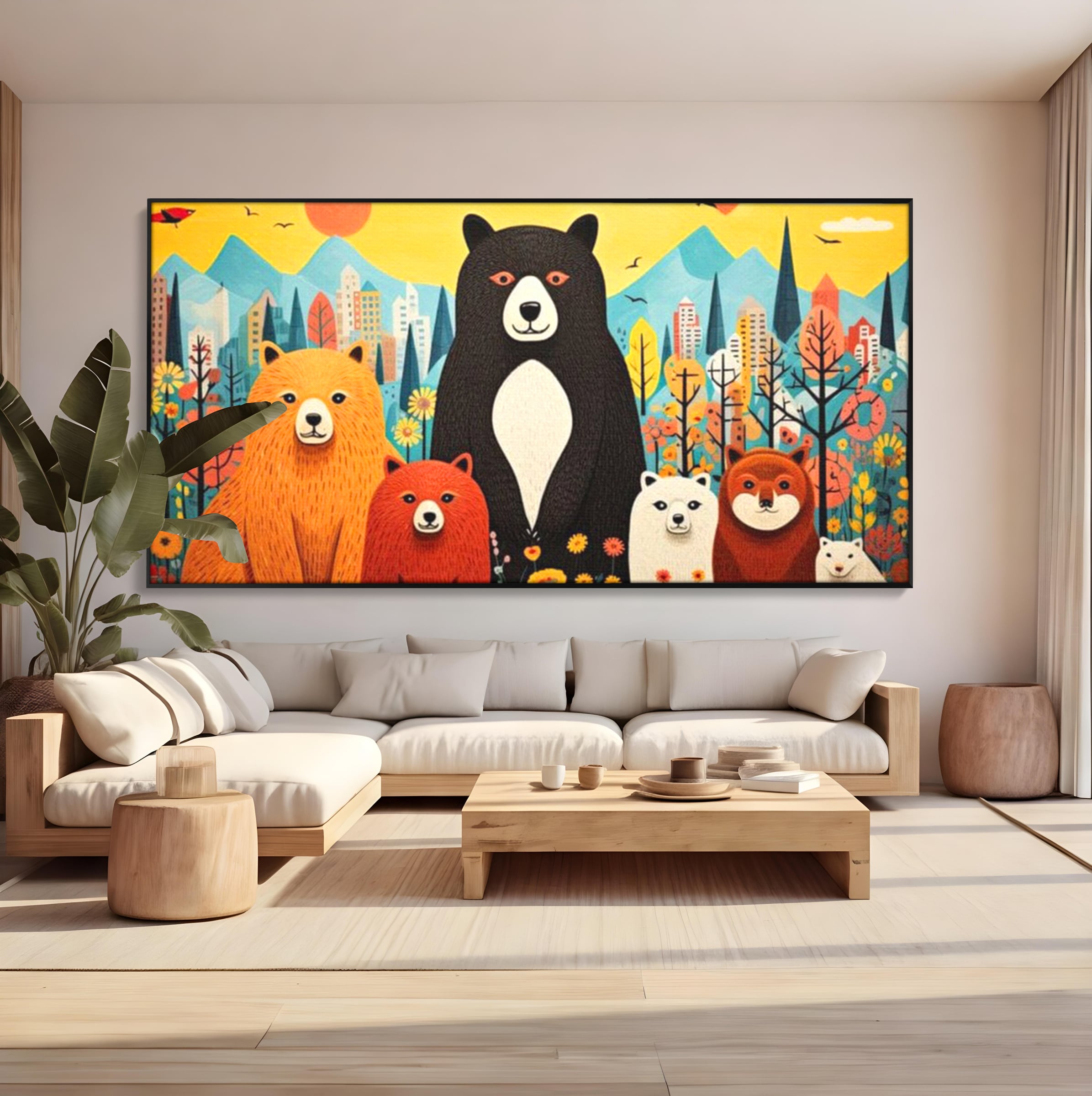 Tablou Canvas Premium, LuxCanva® K1007, Familia de Ursuleti, Padure, Munte, Oras, Prieteni, Poiana, Magica, Decor, Veselie, Prietenie, Caldura, Natura, Barlog, Camera Copii
