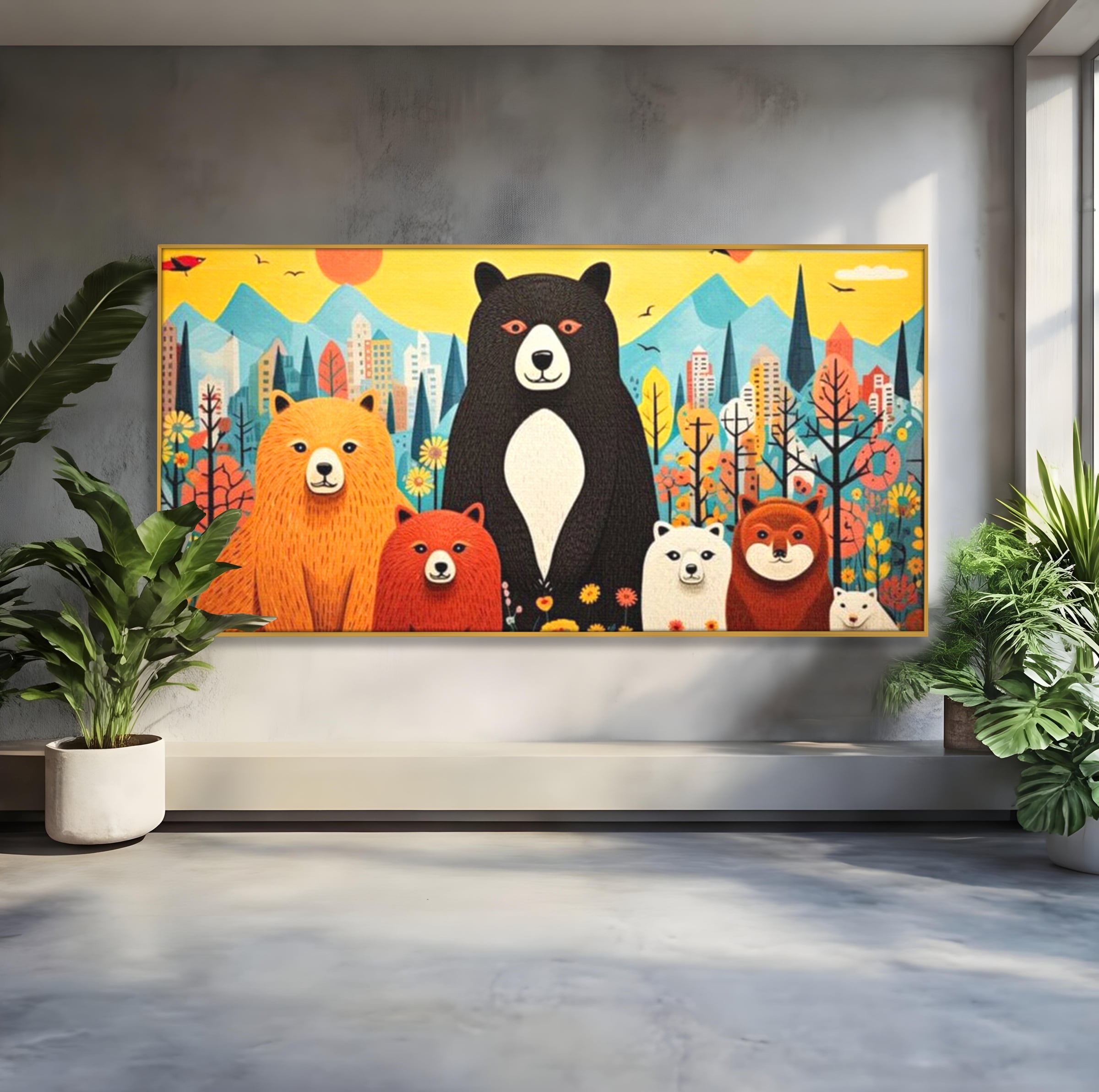 Tablou Canvas Premium, LuxCanva® K1007, Familia de Ursuleti, Padure, Munte, Oras, Prieteni, Poiana, Magica, Decor, Veselie, Prietenie, Caldura, Natura, Barlog, Camera Copii