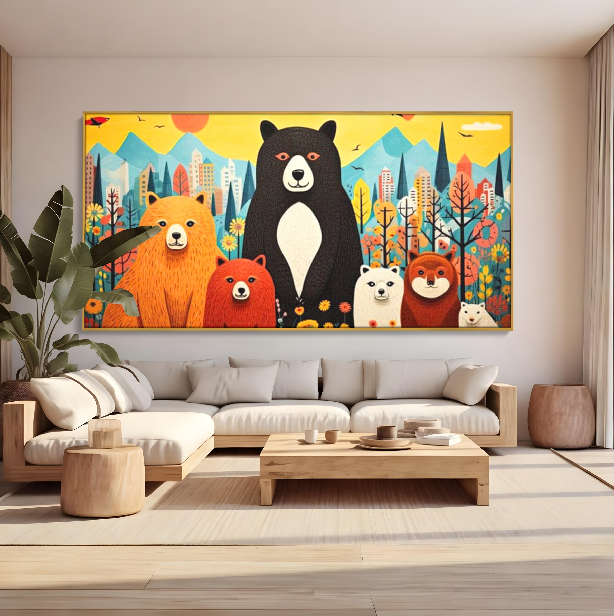 Tablou Canvas Premium, LuxCanva® K1007, Familia de Ursuleti, Padure, Munte, Oras, Prieteni, Poiana, Magica, Decor, Veselie, Prietenie, Caldura, Natura, Barlog, Camera Copii