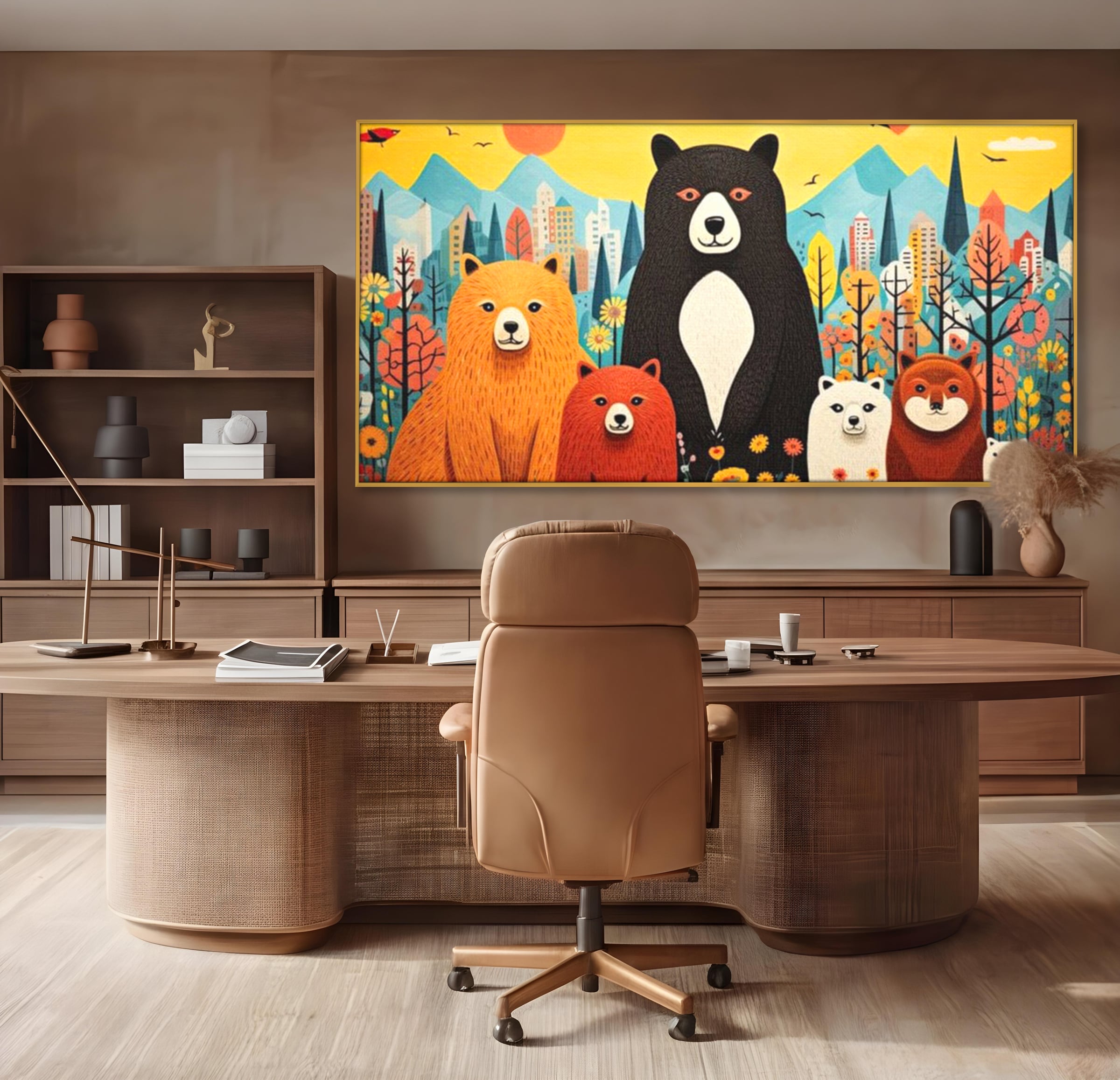 Tablou Canvas Premium, LuxCanva® K1007, Familia de Ursuleti, Padure, Munte, Oras, Prieteni, Poiana, Magica, Decor, Veselie, Prietenie, Caldura, Natura, Barlog, Camera Copii