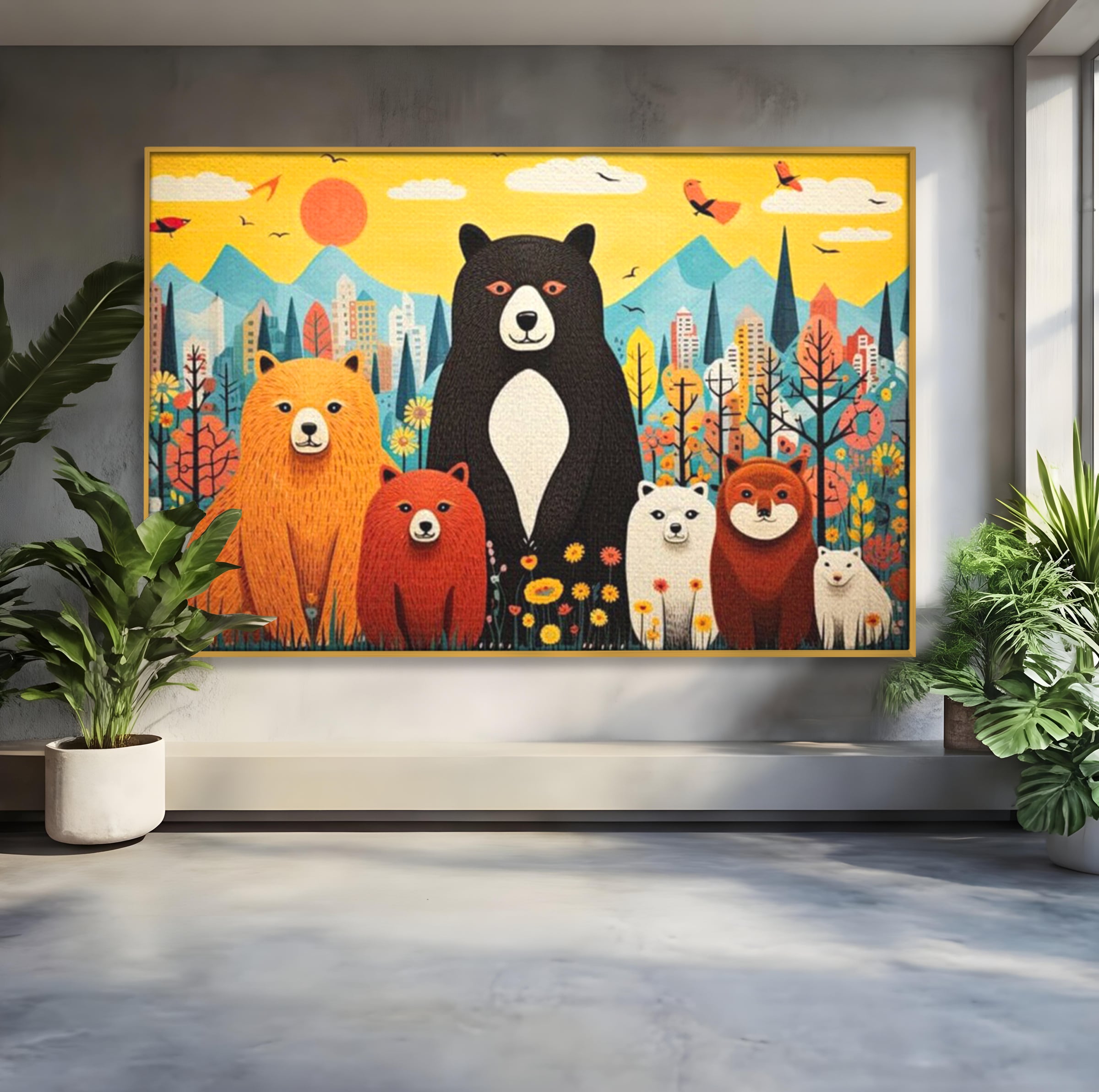 Tablou Canvas Premium, LuxCanva® K1007, Familia de Ursuleti, Padure, Munte, Oras, Prieteni, Poiana, Magica, Decor, Veselie, Prietenie, Caldura, Natura, Barlog, Camera Copii