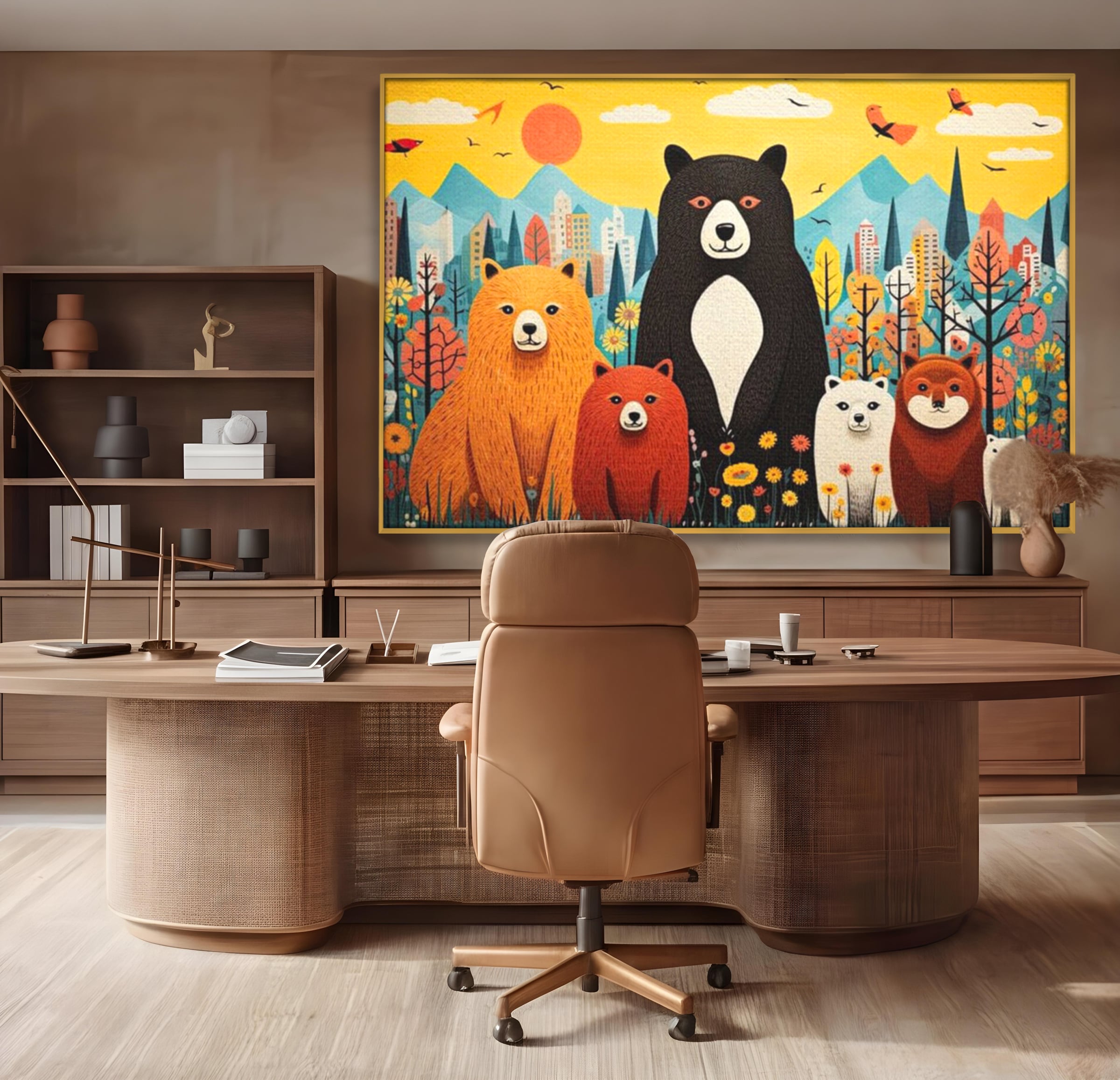 Tablou Canvas Premium, LuxCanva® K1007, Familia de Ursuleti, Padure, Munte, Oras, Prieteni, Poiana, Magica, Decor, Veselie, Prietenie, Caldura, Natura, Barlog, Camera Copii