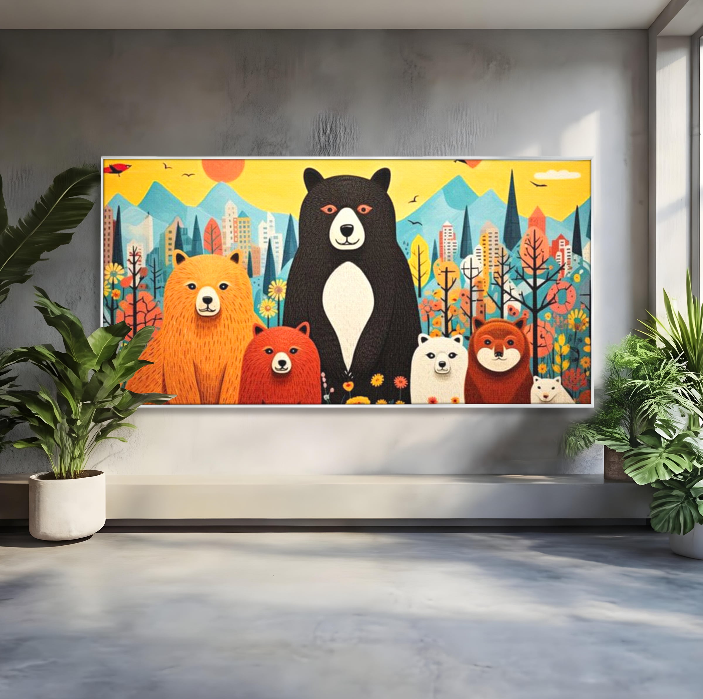 Tablou Canvas Premium, LuxCanva® K1007, Familia de Ursuleti, Padure, Munte, Oras, Prieteni, Poiana, Magica, Decor, Veselie, Prietenie, Caldura, Natura, Barlog, Camera Copii