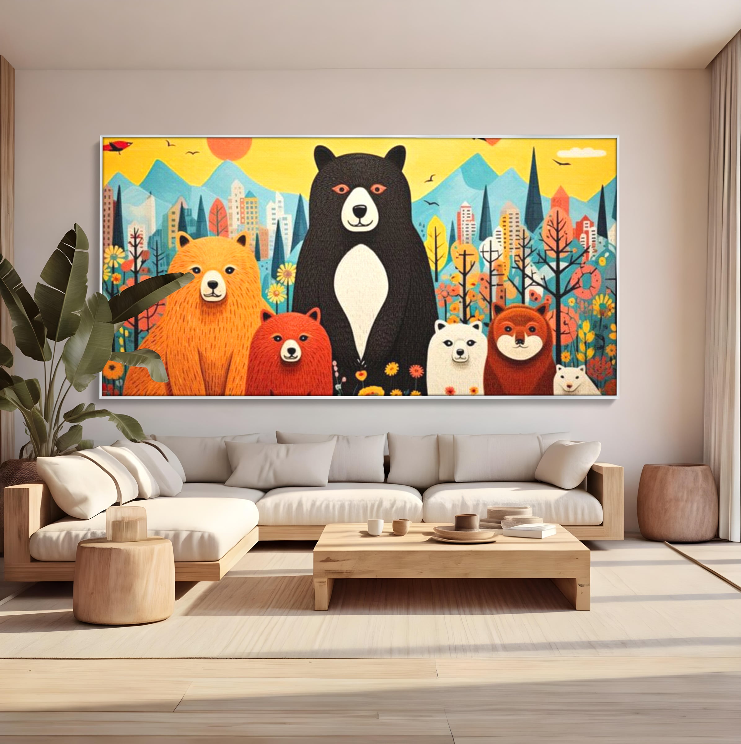 Tablou Canvas Premium, LuxCanva® K1007, Familia de Ursuleti, Padure, Munte, Oras, Prieteni, Poiana, Magica, Decor, Veselie, Prietenie, Caldura, Natura, Barlog, Camera Copii