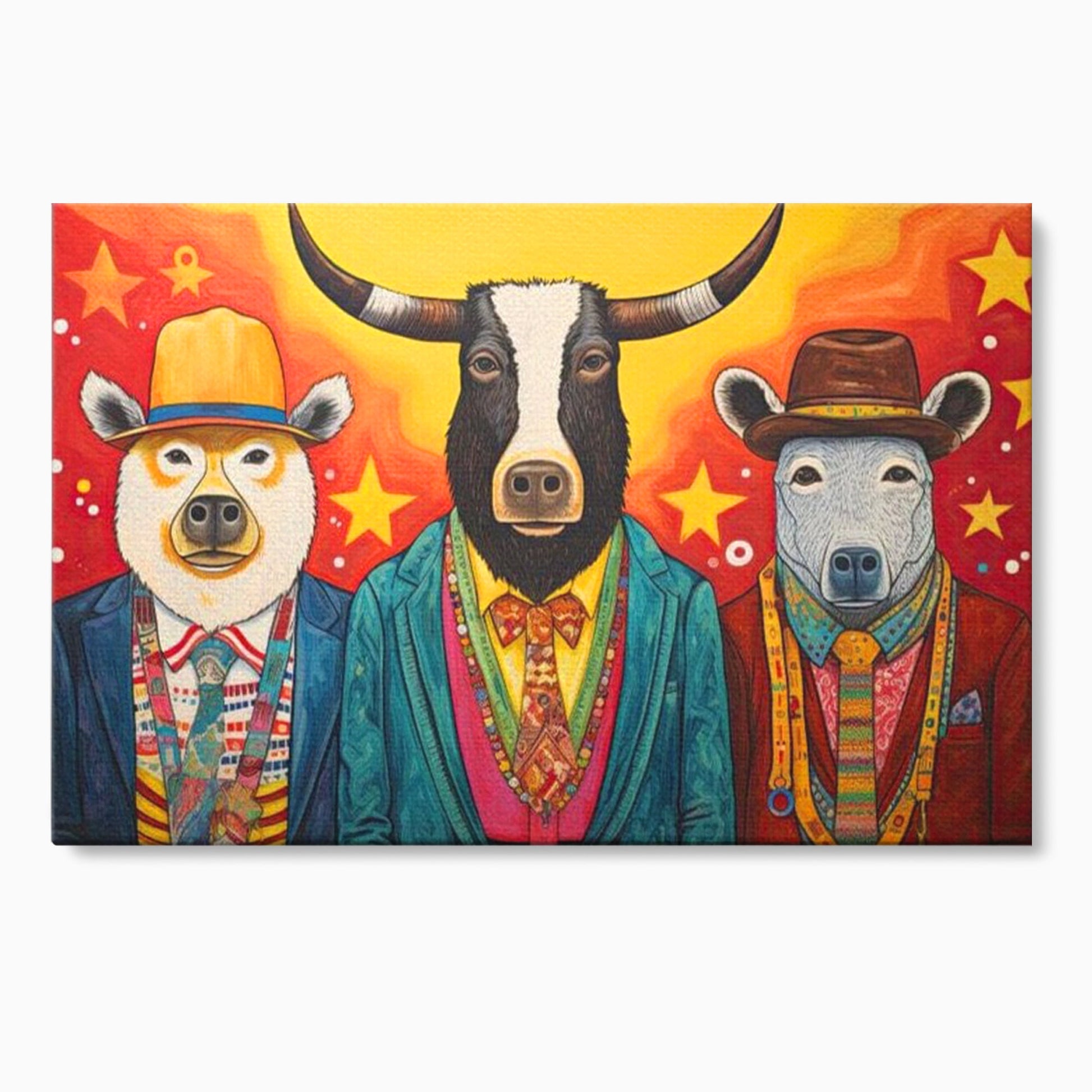 Tablou Canvas Premium, LuxCanva® K1009, Banditii in Costume, Blana, Vedete, Coarne, Costum, Gasca, Urs, Vaca, Bou, Stilizati, Personaje, Pop-Art, Ludic, Prietenie, Camera Copii