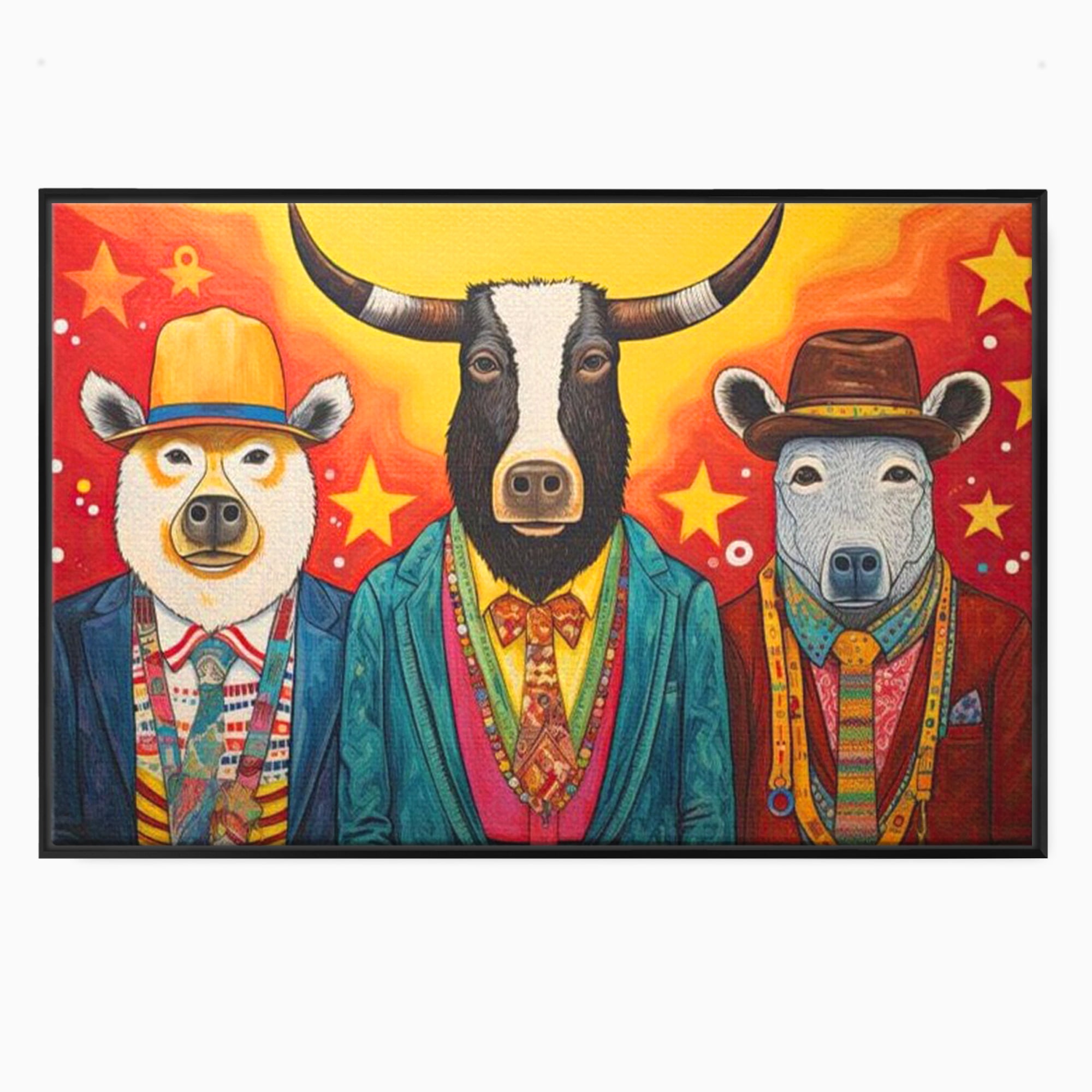 Tablou Canvas Premium, LuxCanva® K1009, Banditii in Costume, Blana, Vedete, Coarne, Costum, Gasca, Urs, Vaca, Bou, Stilizati, Personaje, Pop-Art, Ludic, Prietenie, Camera Copii