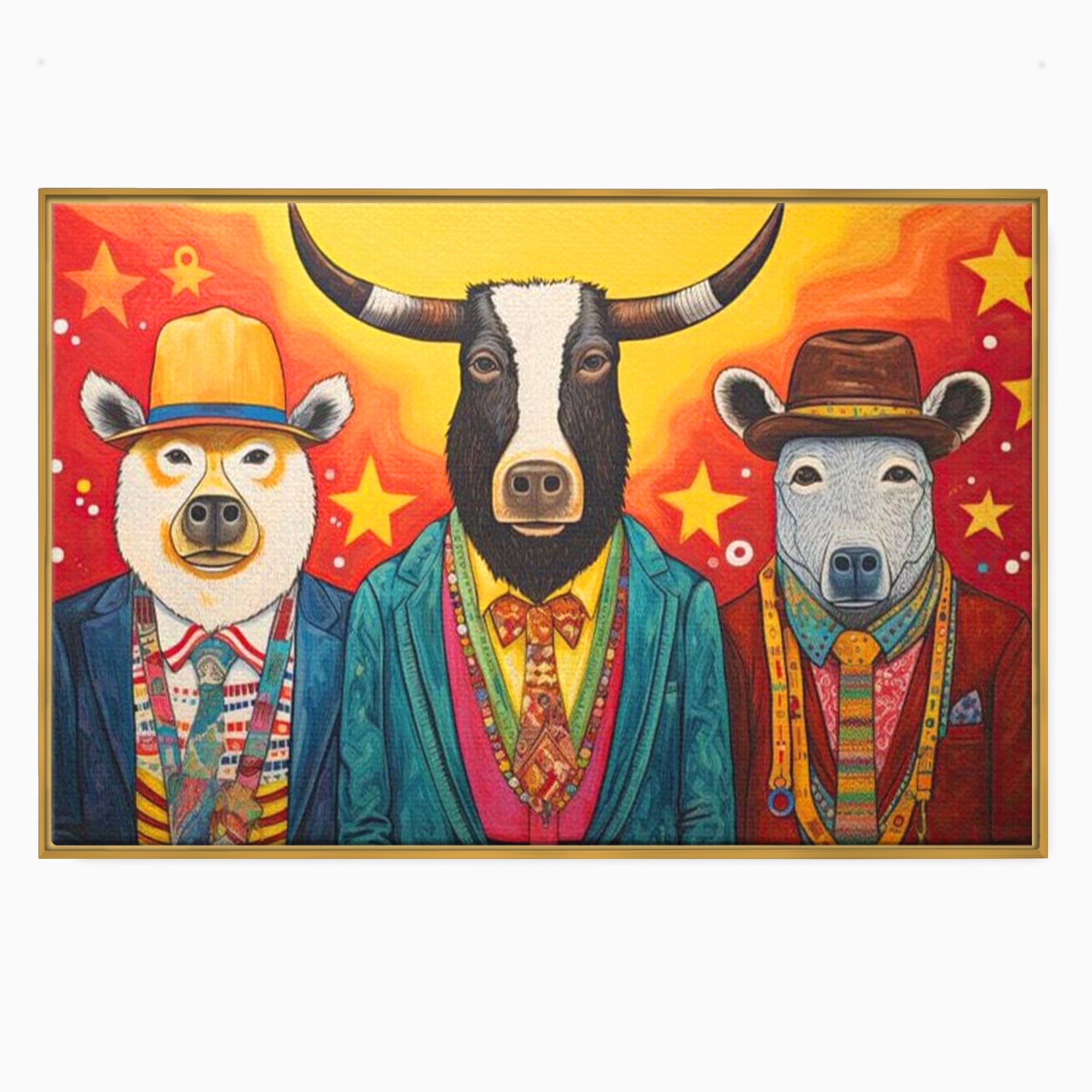 Tablou Canvas Premium, LuxCanva® K1009, Banditii in Costume, Blana, Vedete, Coarne, Costum, Gasca, Urs, Vaca, Bou, Stilizati, Personaje, Pop-Art, Ludic, Prietenie, Camera Copii