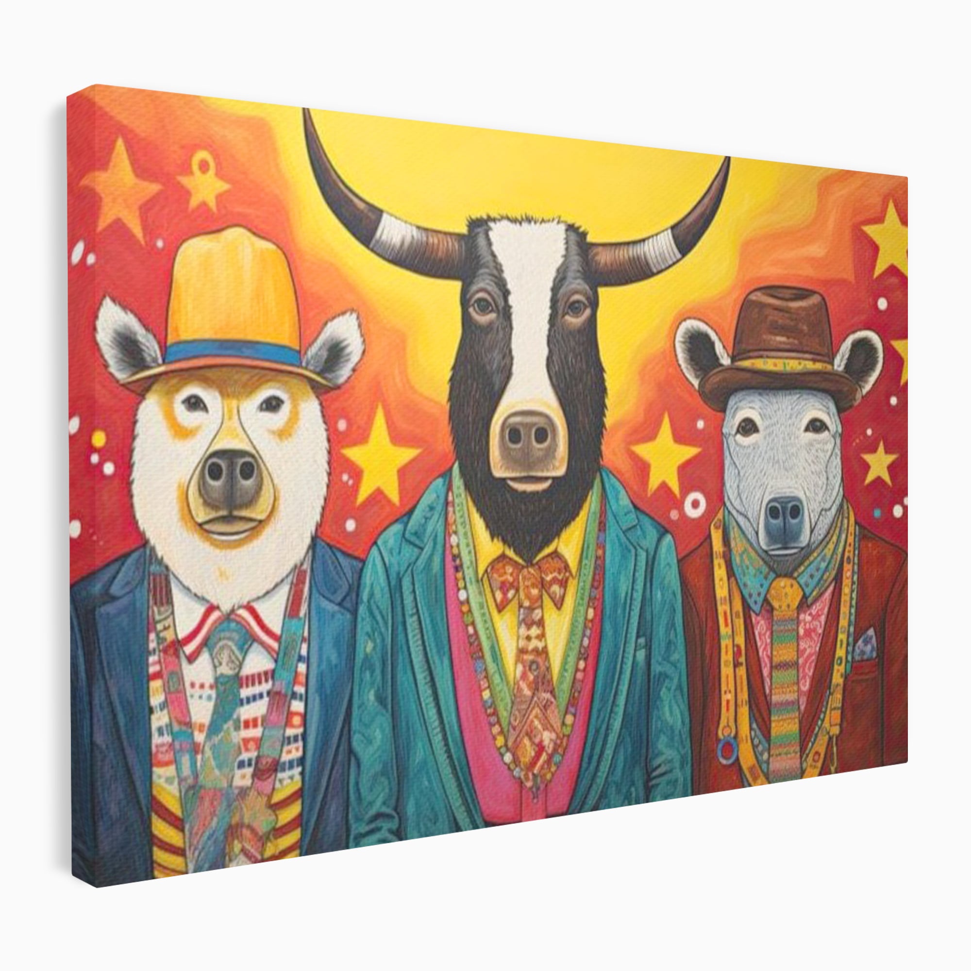 Tablou Canvas Premium, LuxCanva® K1009, Banditii in Costume, Blana, Vedete, Coarne, Costum, Gasca, Urs, Vaca, Bou, Stilizati, Personaje, Pop-Art, Ludic, Prietenie, Camera Copii