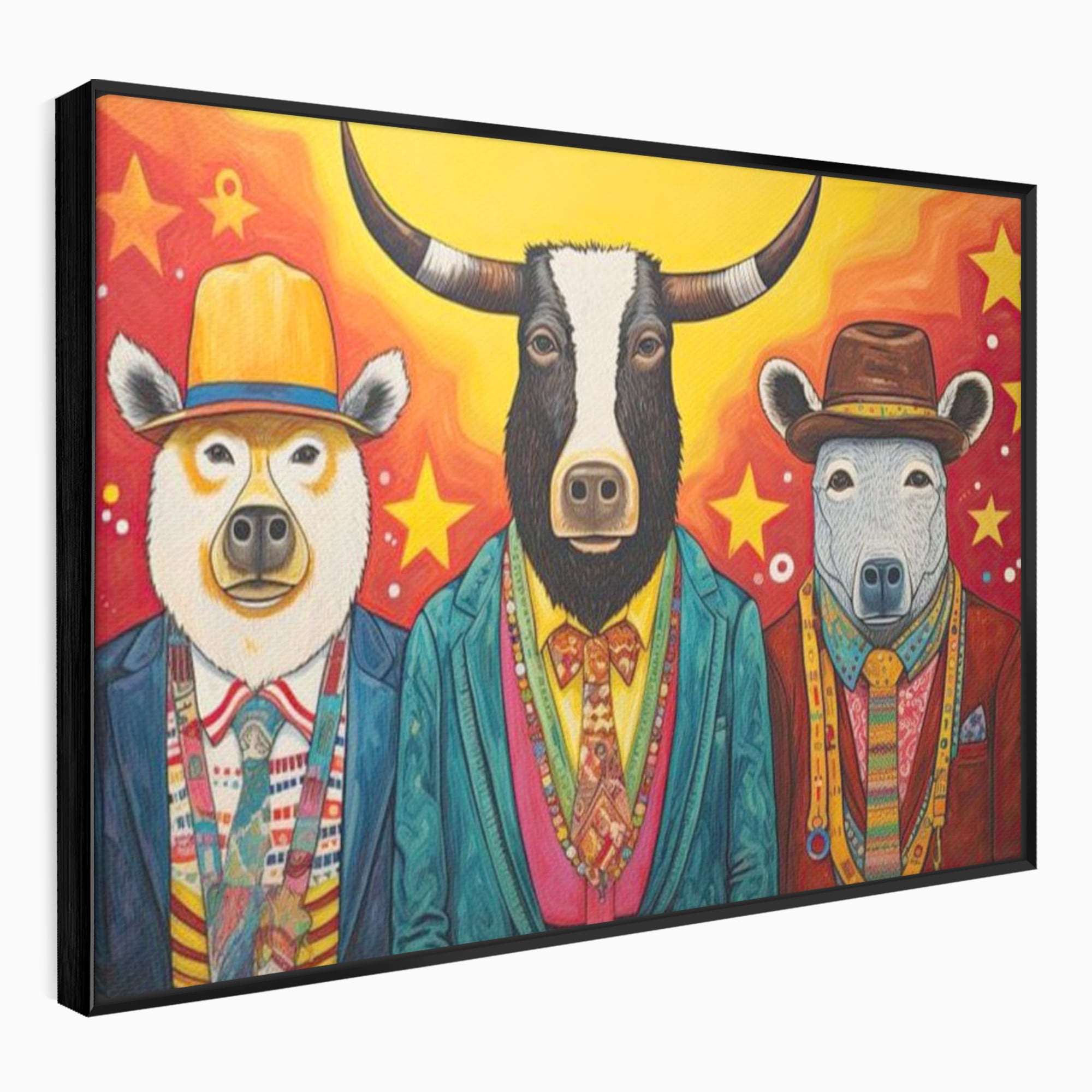 Tablou Canvas Premium, LuxCanva® K1009, Banditii in Costume, Blana, Vedete, Coarne, Costum, Gasca, Urs, Vaca, Bou, Stilizati, Personaje, Pop-Art, Ludic, Prietenie, Camera Copii
