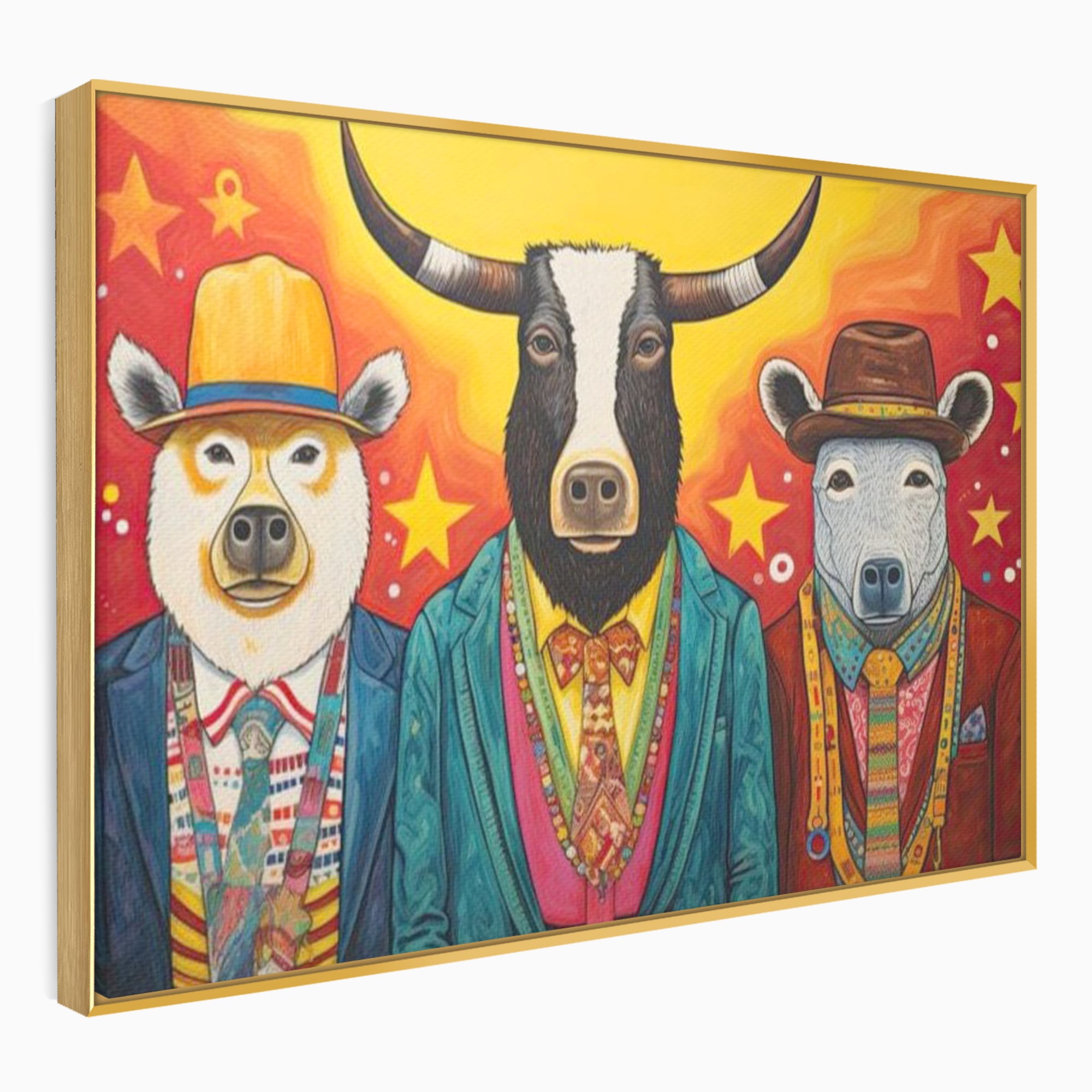 Tablou Canvas Premium, LuxCanva® K1009, Banditii in Costume, Blana, Vedete, Coarne, Costum, Gasca, Urs, Vaca, Bou, Stilizati, Personaje, Pop-Art, Ludic, Prietenie, Camera Copii