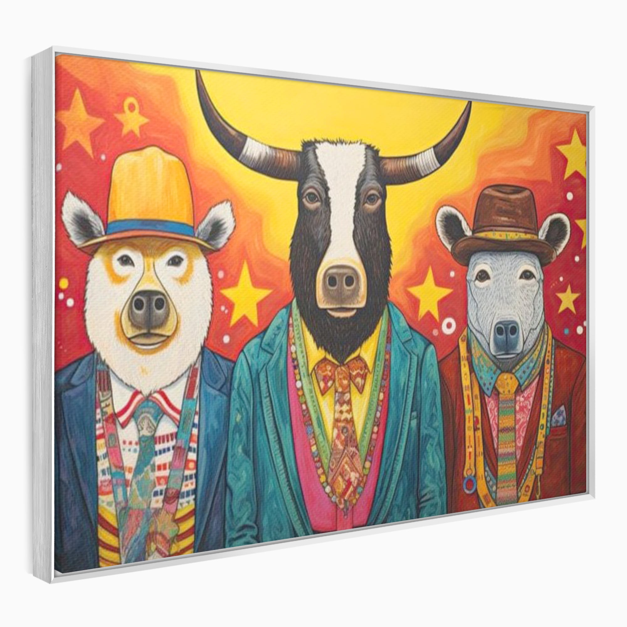 Tablou Canvas Premium, LuxCanva® K1009, Banditii in Costume, Blana, Vedete, Coarne, Costum, Gasca, Urs, Vaca, Bou, Stilizati, Personaje, Pop-Art, Ludic, Prietenie, Camera Copii