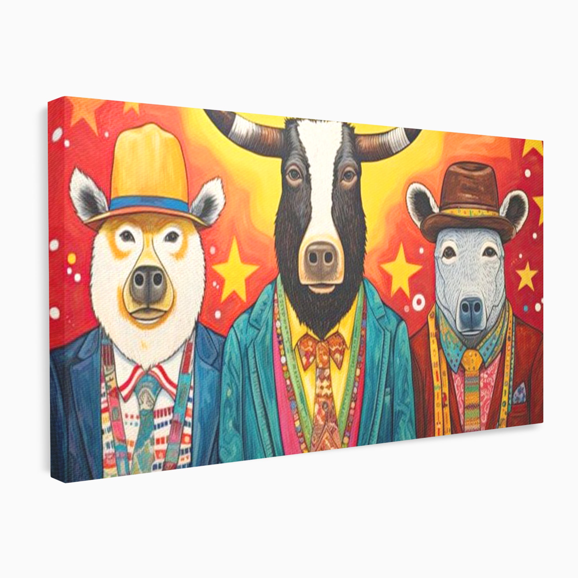 Tablou Canvas Premium, LuxCanva® K1009, Banditii in Costume, Blana, Vedete, Coarne, Costum, Gasca, Urs, Vaca, Bou, Stilizati, Personaje, Pop-Art, Ludic, Prietenie, Camera Copii