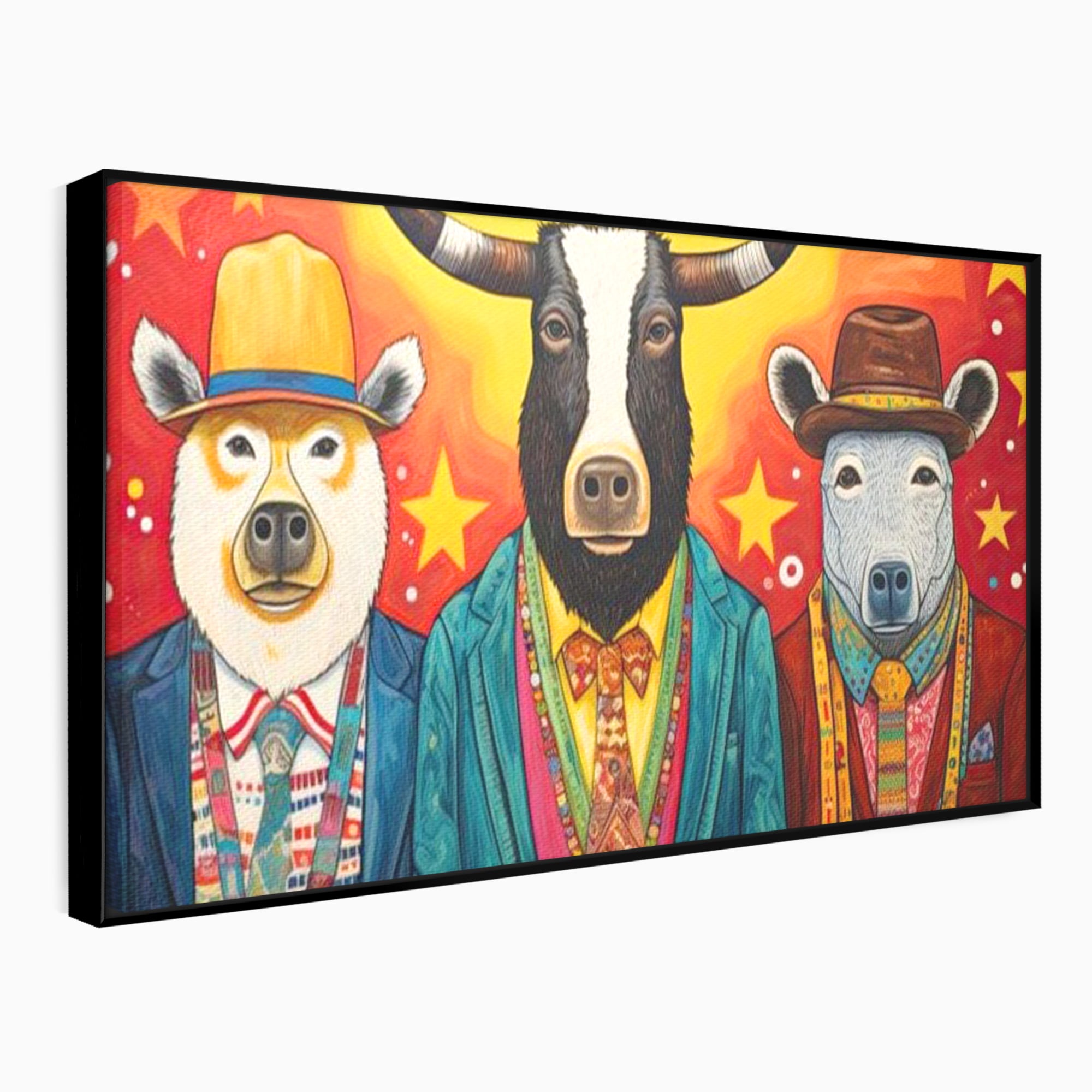 Tablou Canvas Premium, LuxCanva® K1009, Banditii in Costume, Blana, Vedete, Coarne, Costum, Gasca, Urs, Vaca, Bou, Stilizati, Personaje, Pop-Art, Ludic, Prietenie, Camera Copii