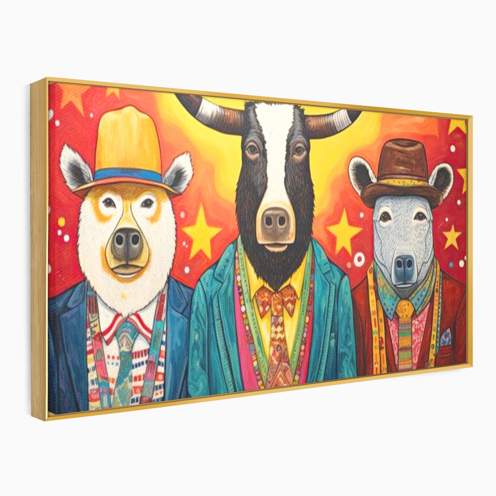 Tablou Canvas Premium, LuxCanva® K1009, Banditii in Costume, Blana, Vedete, Coarne, Costum, Gasca, Urs, Vaca, Bou, Stilizati, Personaje, Pop-Art, Ludic, Prietenie, Camera Copii