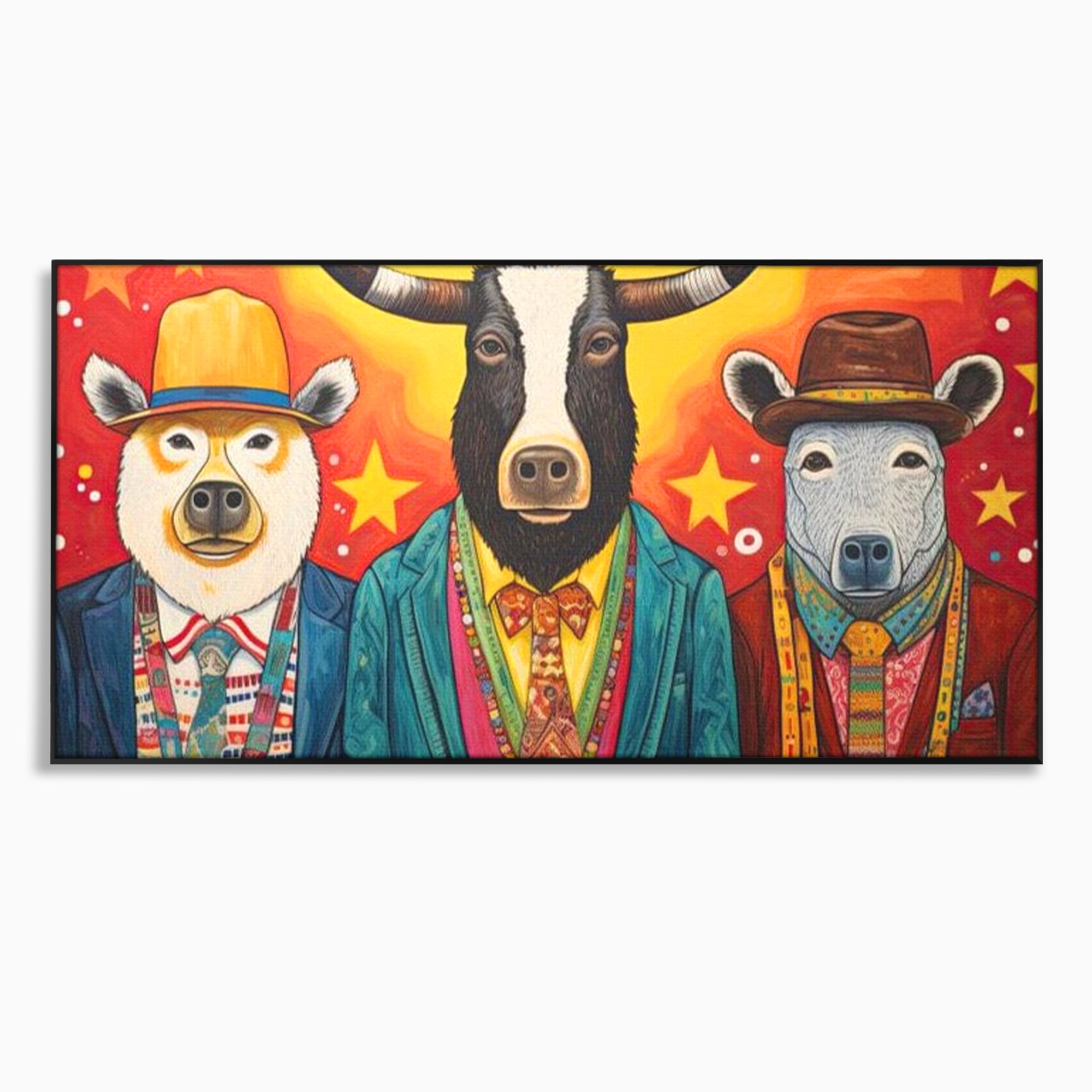 Tablou Canvas Premium, LuxCanva® K1009, Banditii in Costume, Blana, Vedete, Coarne, Costum, Gasca, Urs, Vaca, Bou, Stilizati, Personaje, Pop-Art, Ludic, Prietenie, Camera Copii