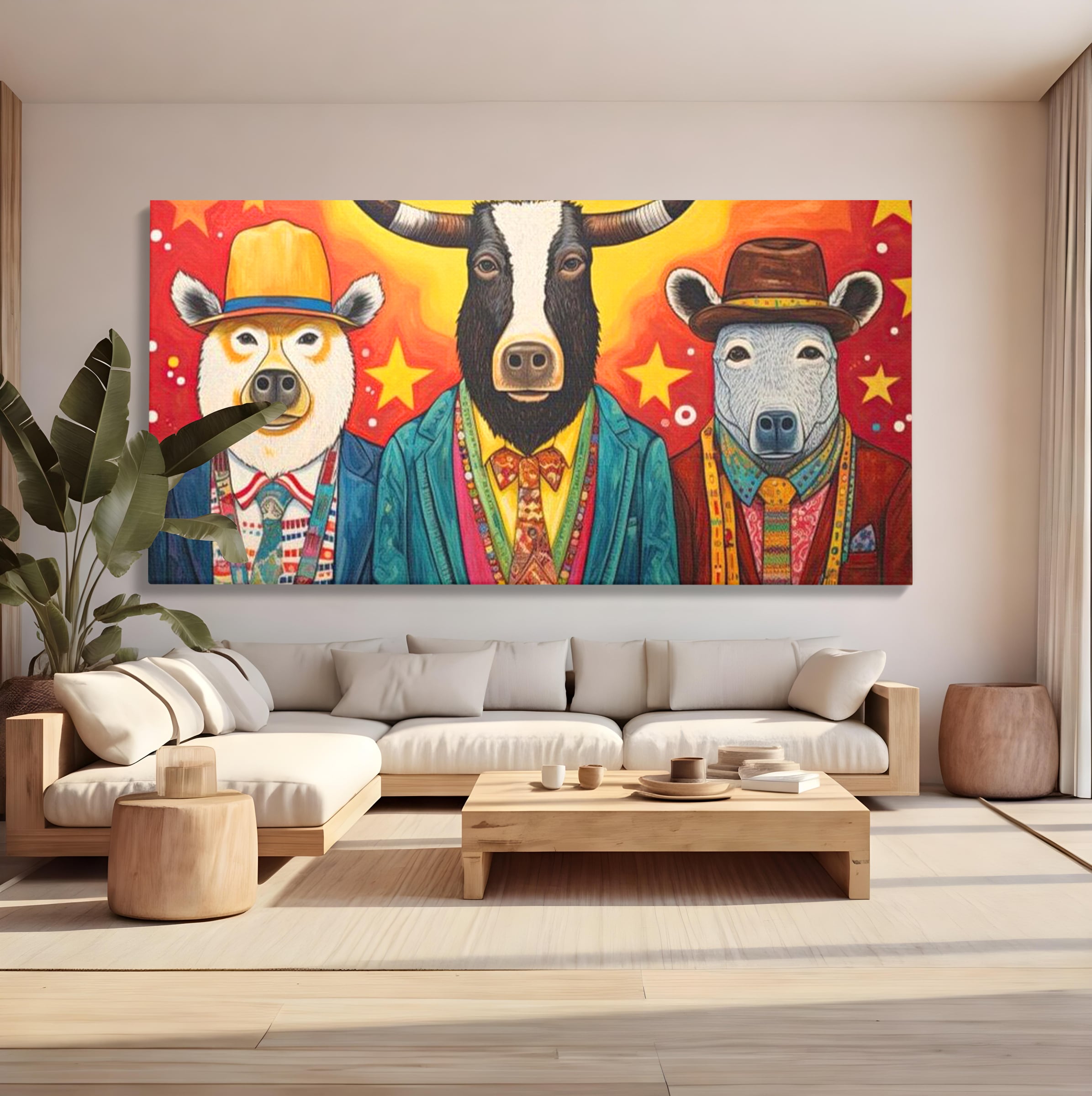 Tablou Canvas Premium, LuxCanva® K1009, Banditii in Costume, Blana, Vedete, Coarne, Costum, Gasca, Urs, Vaca, Bou, Stilizati, Personaje, Pop-Art, Ludic, Prietenie, Camera Copii