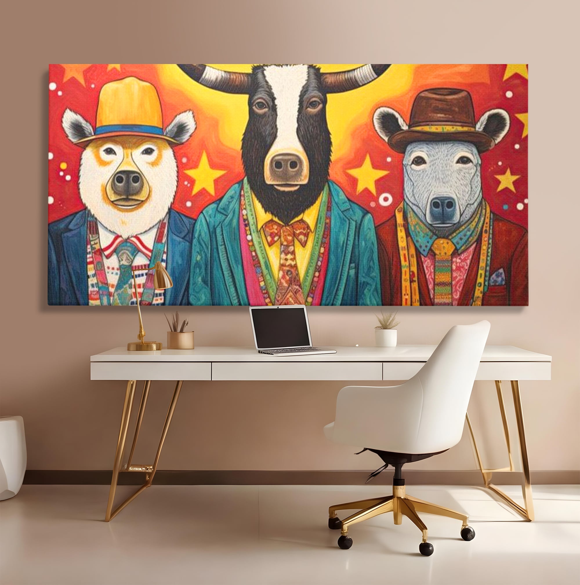 Tablou Canvas Premium, LuxCanva® K1009, Banditii in Costume, Blana, Vedete, Coarne, Costum, Gasca, Urs, Vaca, Bou, Stilizati, Personaje, Pop-Art, Ludic, Prietenie, Camera Copii