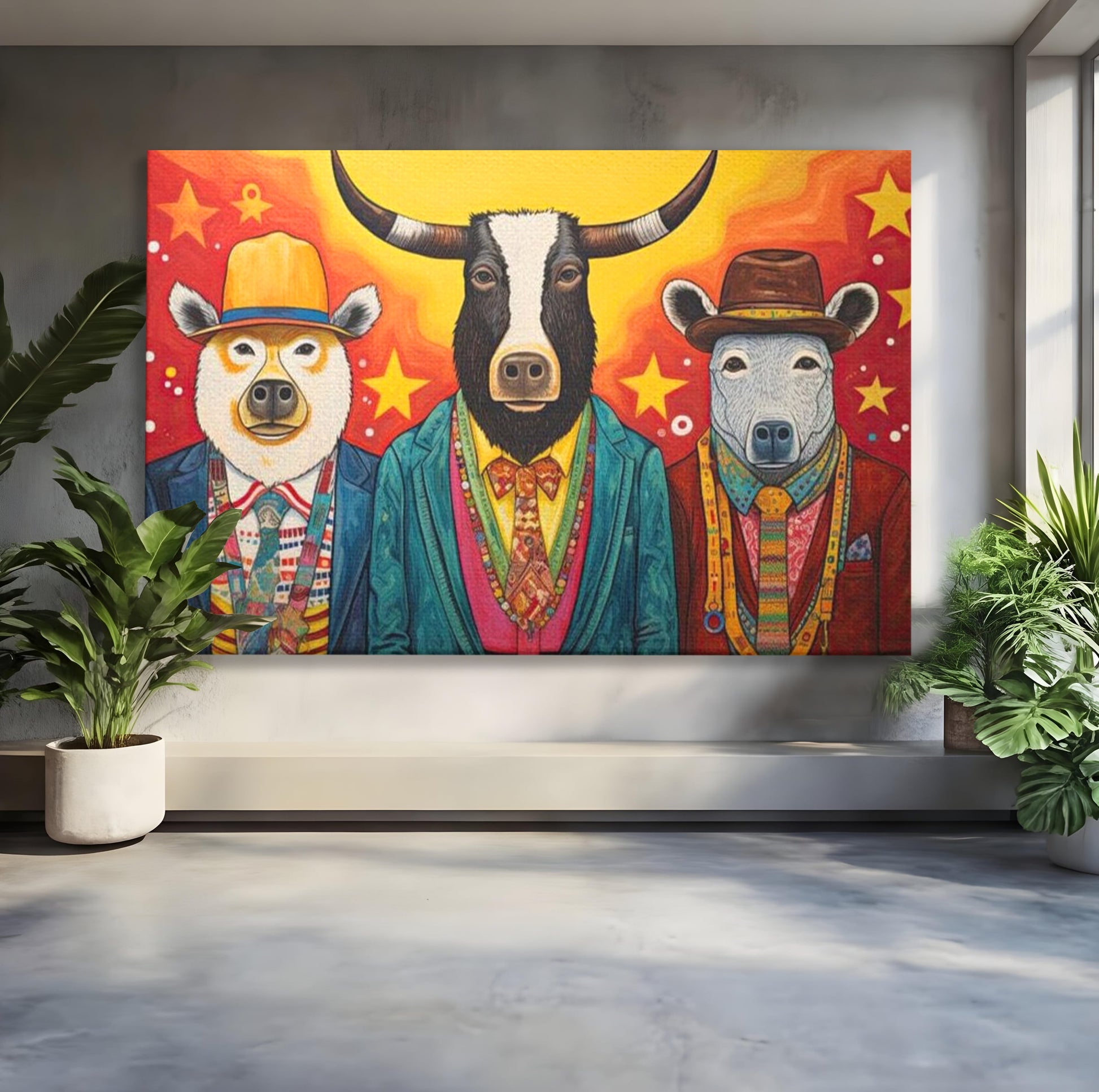 Tablou Canvas Premium, LuxCanva® K1009, Banditii in Costume, Blana, Vedete, Coarne, Costum, Gasca, Urs, Vaca, Bou, Stilizati, Personaje, Pop-Art, Ludic, Prietenie, Camera Copii