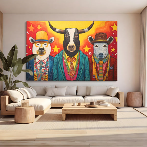 Tablou Canvas Premium, LuxCanva® K1009, Banditii in Costume, Blana, Vedete, Coarne, Costum, Gasca, Urs, Vaca, Bou, Stilizati, Personaje, Pop-Art, Ludic, Prietenie, Camera Copii