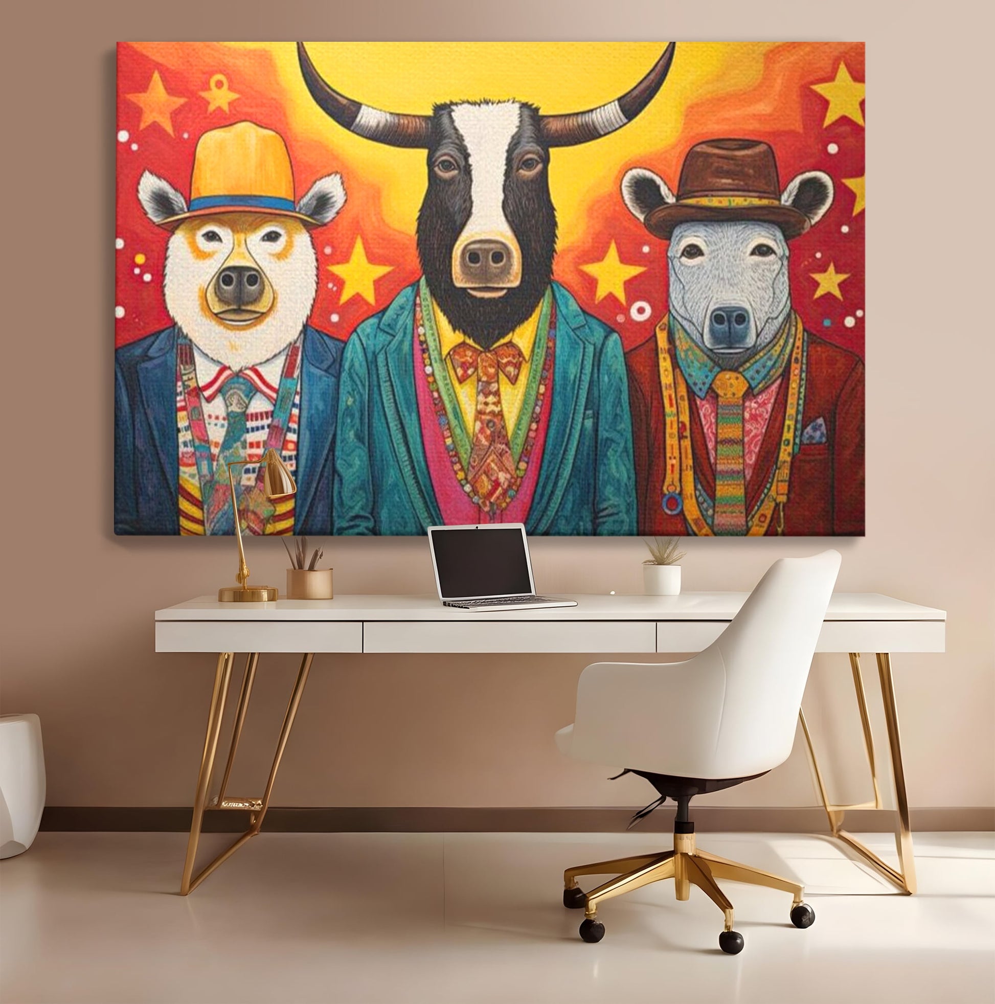Tablou Canvas Premium, LuxCanva® K1009, Banditii in Costume, Blana, Vedete, Coarne, Costum, Gasca, Urs, Vaca, Bou, Stilizati, Personaje, Pop-Art, Ludic, Prietenie, Camera Copii