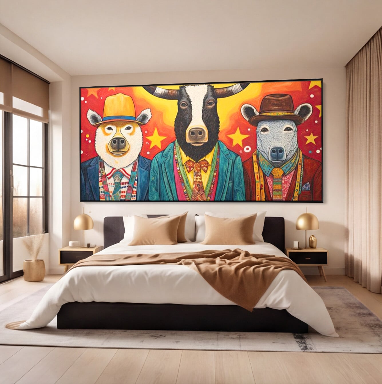 Tablou Canvas Premium, LuxCanva® K1009, Banditii in Costume, Blana, Vedete, Coarne, Costum, Gasca, Urs, Vaca, Bou, Stilizati, Personaje, Pop-Art, Ludic, Prietenie, Camera Copii