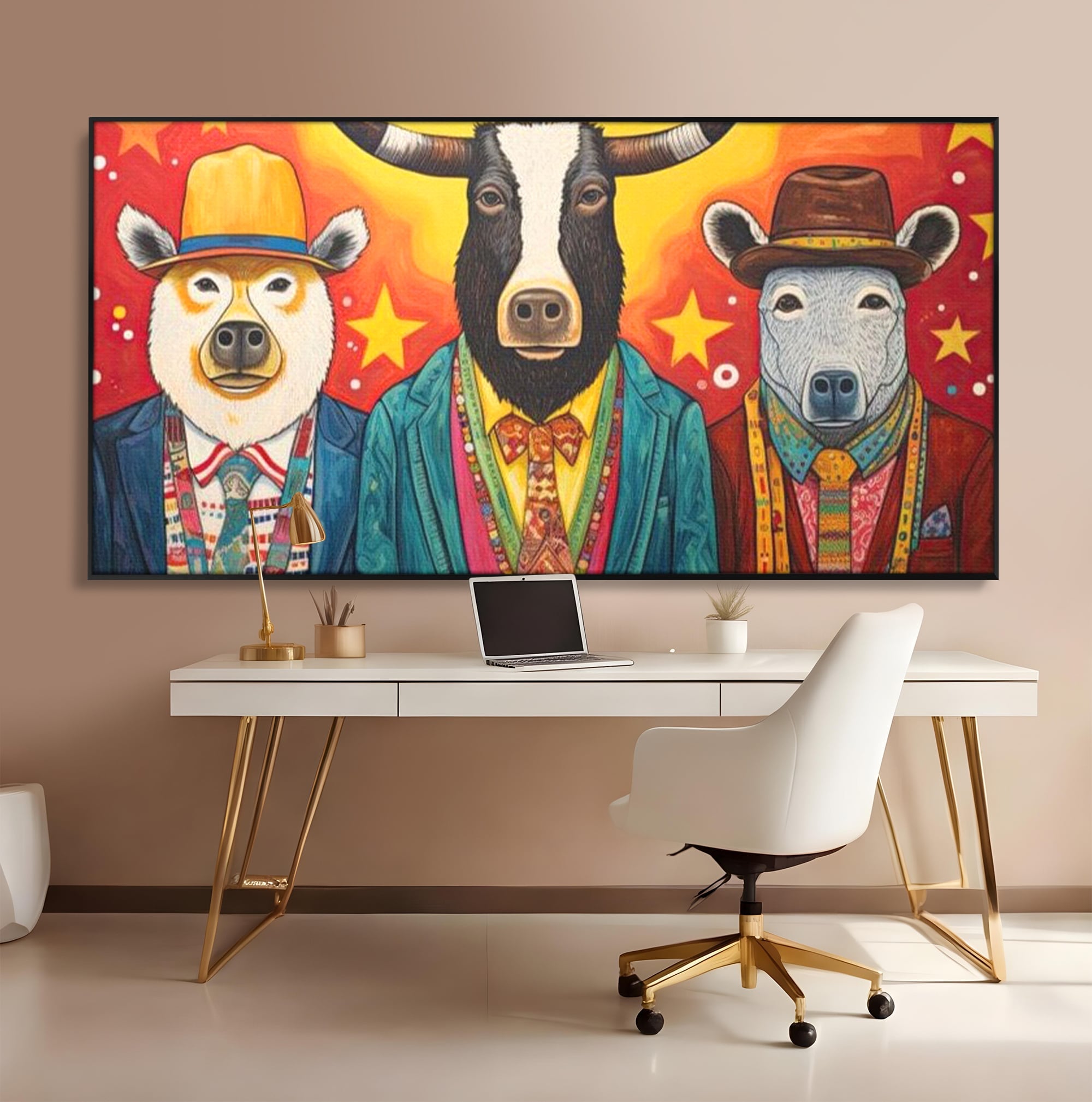 Tablou Canvas Premium, LuxCanva® K1009, Banditii in Costume, Blana, Vedete, Coarne, Costum, Gasca, Urs, Vaca, Bou, Stilizati, Personaje, Pop-Art, Ludic, Prietenie, Camera Copii