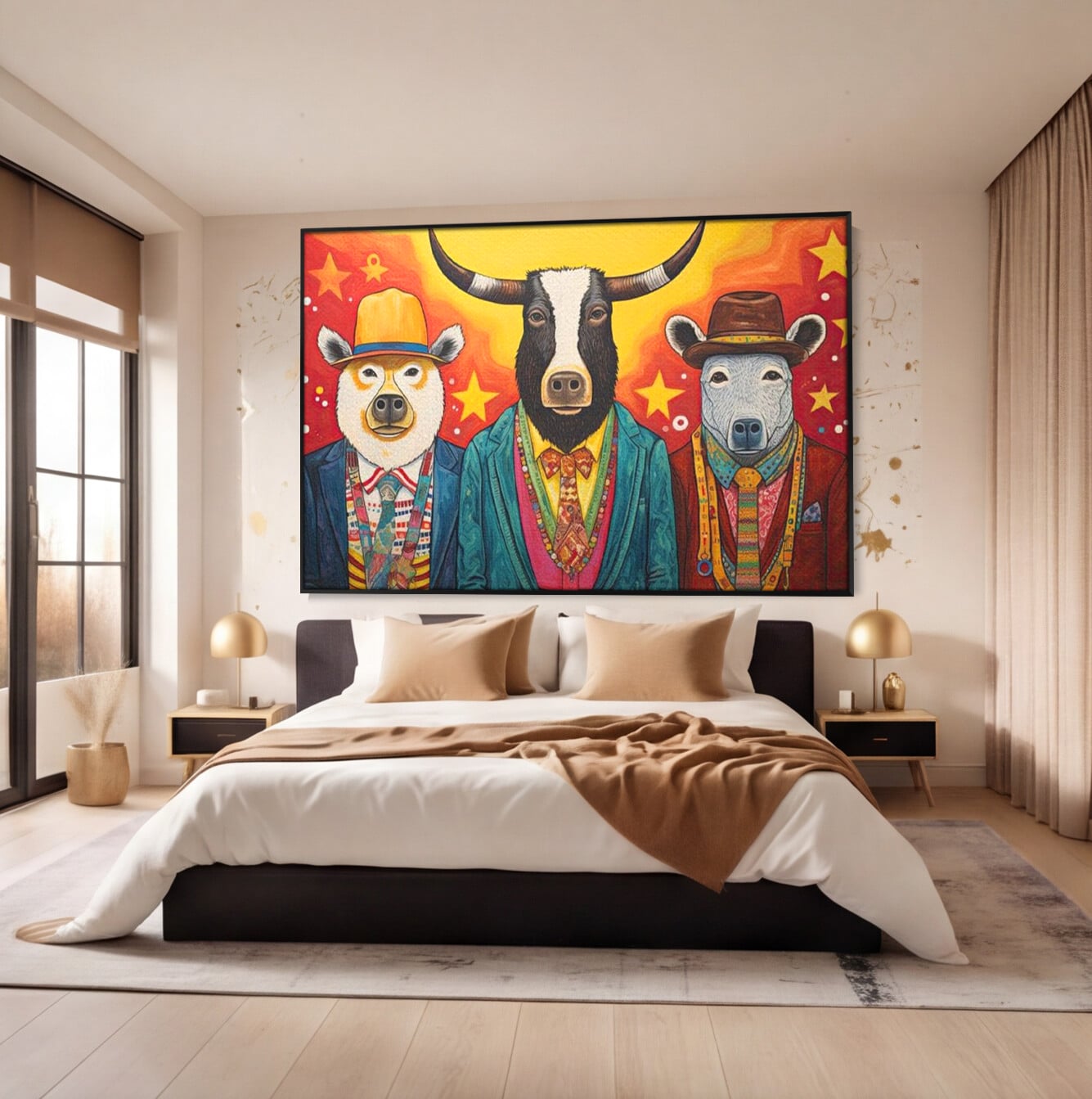 Tablou Canvas Premium, LuxCanva® K1009, Banditii in Costume, Blana, Vedete, Coarne, Costum, Gasca, Urs, Vaca, Bou, Stilizati, Personaje, Pop-Art, Ludic, Prietenie, Camera Copii