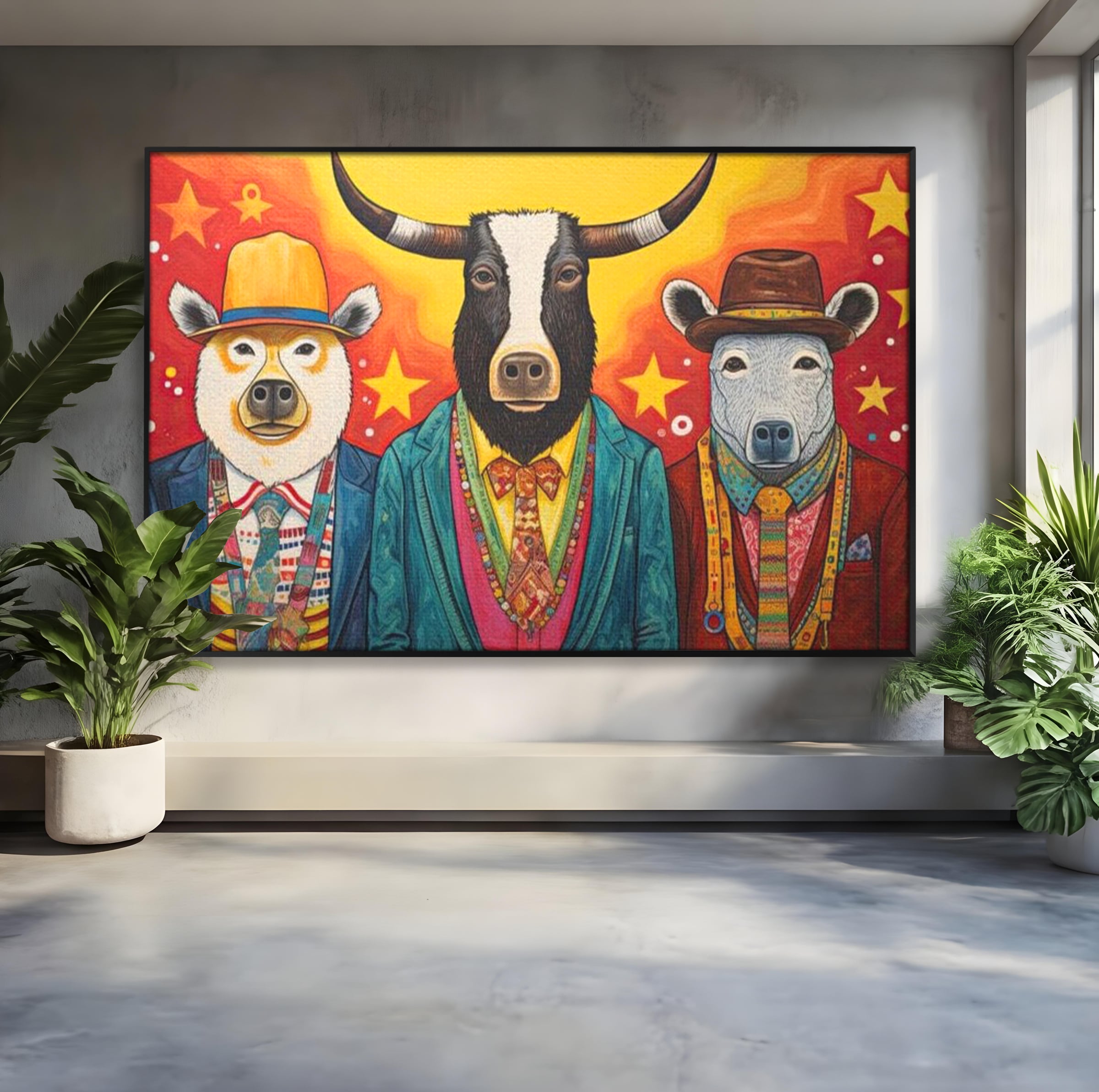 Tablou Canvas Premium, LuxCanva® K1009, Banditii in Costume, Blana, Vedete, Coarne, Costum, Gasca, Urs, Vaca, Bou, Stilizati, Personaje, Pop-Art, Ludic, Prietenie, Camera Copii