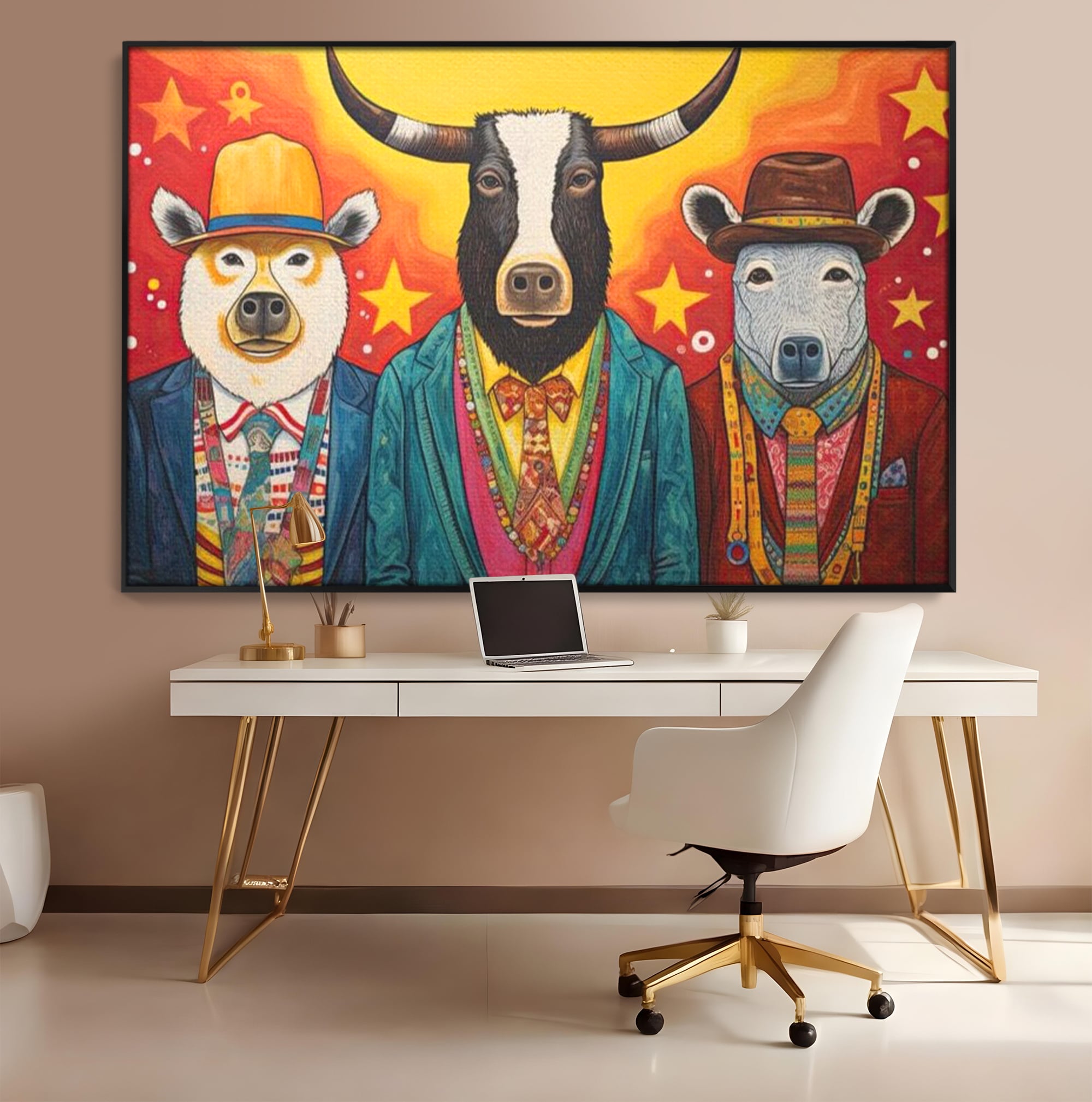 Tablou Canvas Premium, LuxCanva® K1009, Banditii in Costume, Blana, Vedete, Coarne, Costum, Gasca, Urs, Vaca, Bou, Stilizati, Personaje, Pop-Art, Ludic, Prietenie, Camera Copii