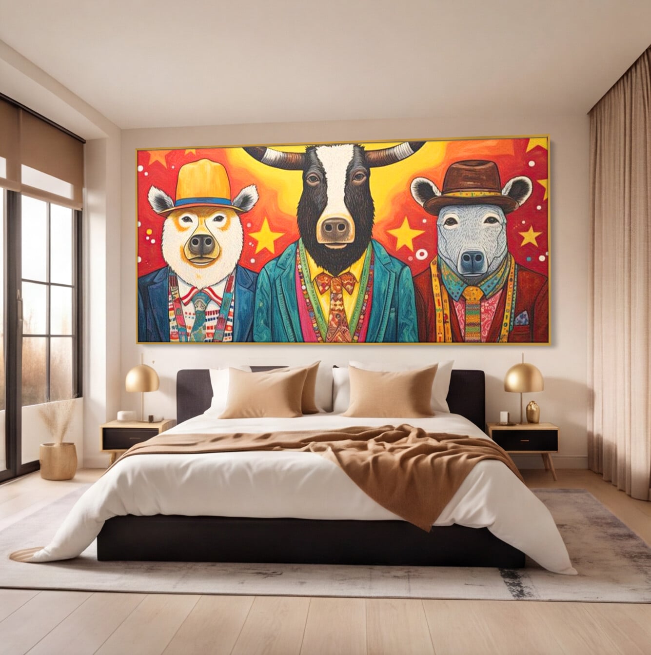 Tablou Canvas Premium, LuxCanva® K1009, Banditii in Costume, Blana, Vedete, Coarne, Costum, Gasca, Urs, Vaca, Bou, Stilizati, Personaje, Pop-Art, Ludic, Prietenie, Camera Copii