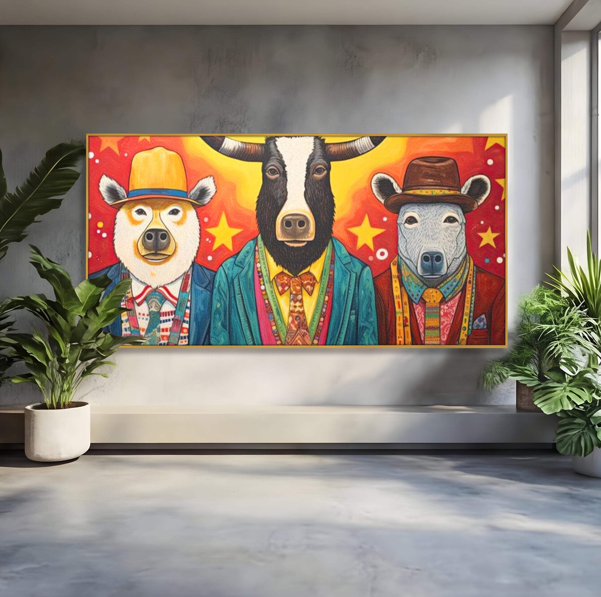 Tablou Canvas Premium, LuxCanva® K1009, Banditii in Costume, Blana, Vedete, Coarne, Costum, Gasca, Urs, Vaca, Bou, Stilizati, Personaje, Pop-Art, Ludic, Prietenie, Camera Copii