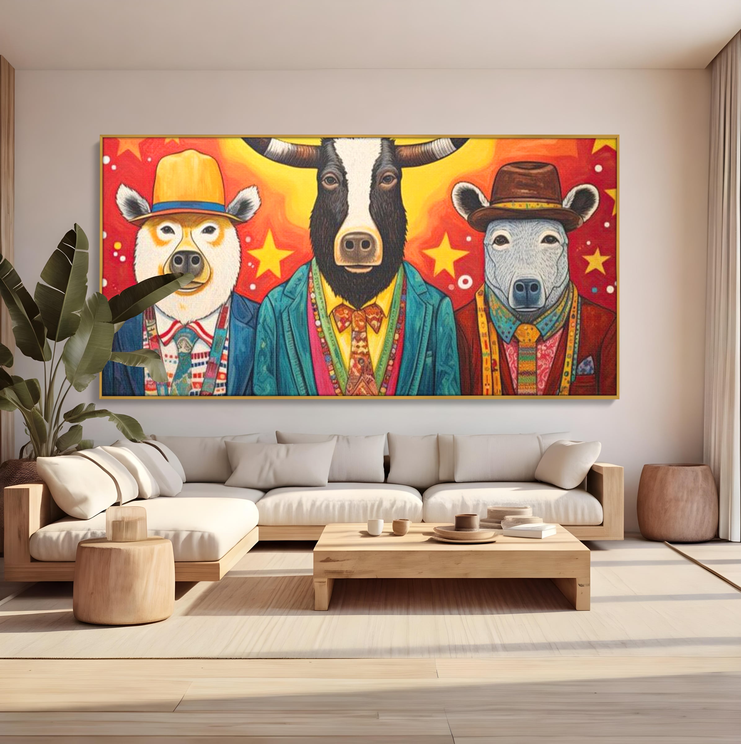 Tablou Canvas Premium, LuxCanva® K1009, Banditii in Costume, Blana, Vedete, Coarne, Costum, Gasca, Urs, Vaca, Bou, Stilizati, Personaje, Pop-Art, Ludic, Prietenie, Camera Copii