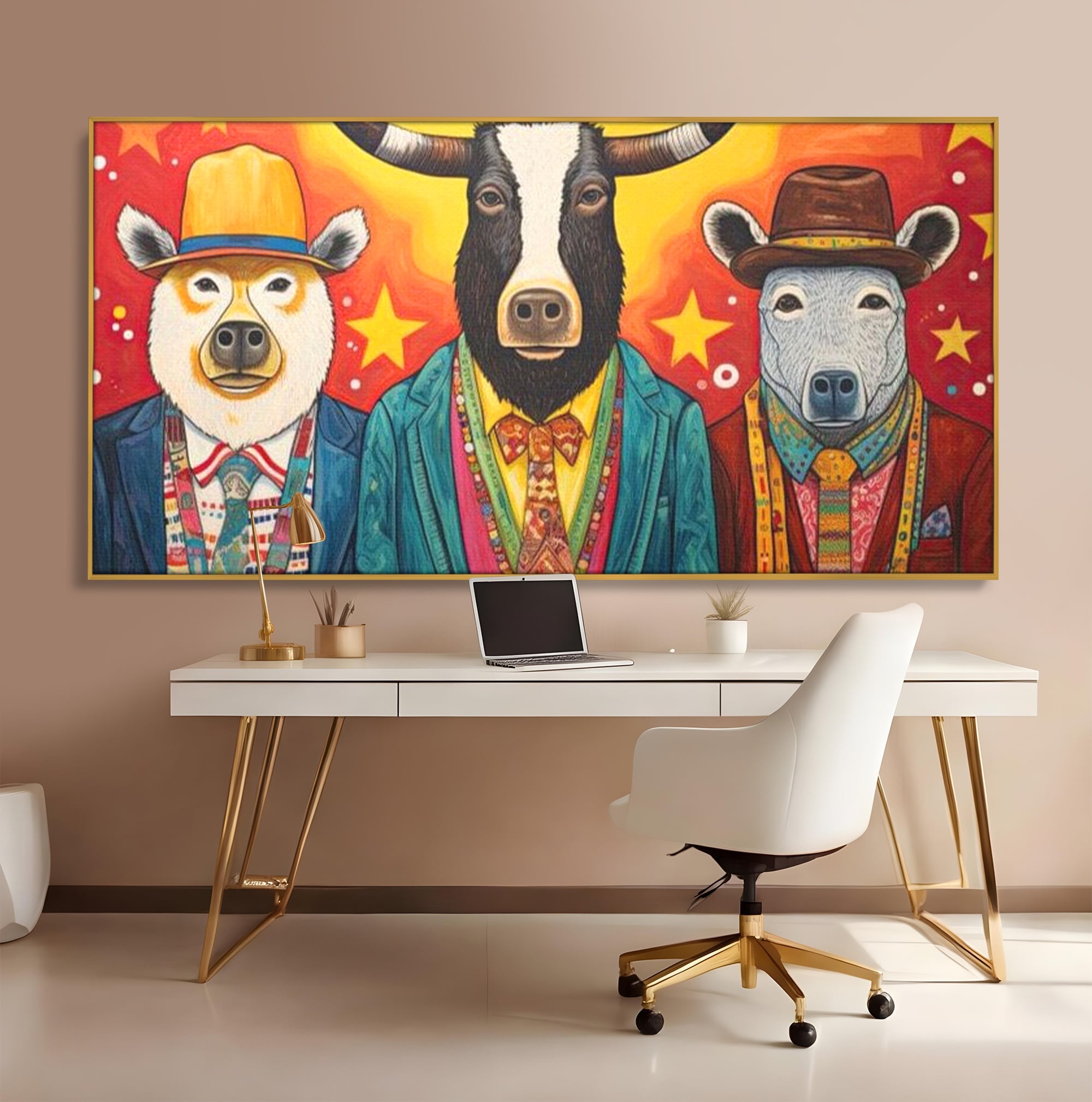 Tablou Canvas Premium, LuxCanva® K1009, Banditii in Costume, Blana, Vedete, Coarne, Costum, Gasca, Urs, Vaca, Bou, Stilizati, Personaje, Pop-Art, Ludic, Prietenie, Camera Copii