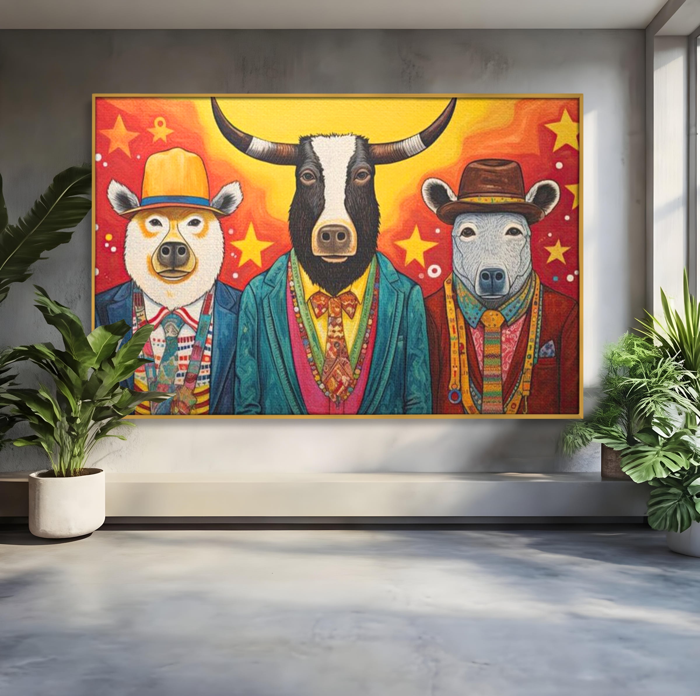 Tablou Canvas Premium, LuxCanva® K1009, Banditii in Costume, Blana, Vedete, Coarne, Costum, Gasca, Urs, Vaca, Bou, Stilizati, Personaje, Pop-Art, Ludic, Prietenie, Camera Copii