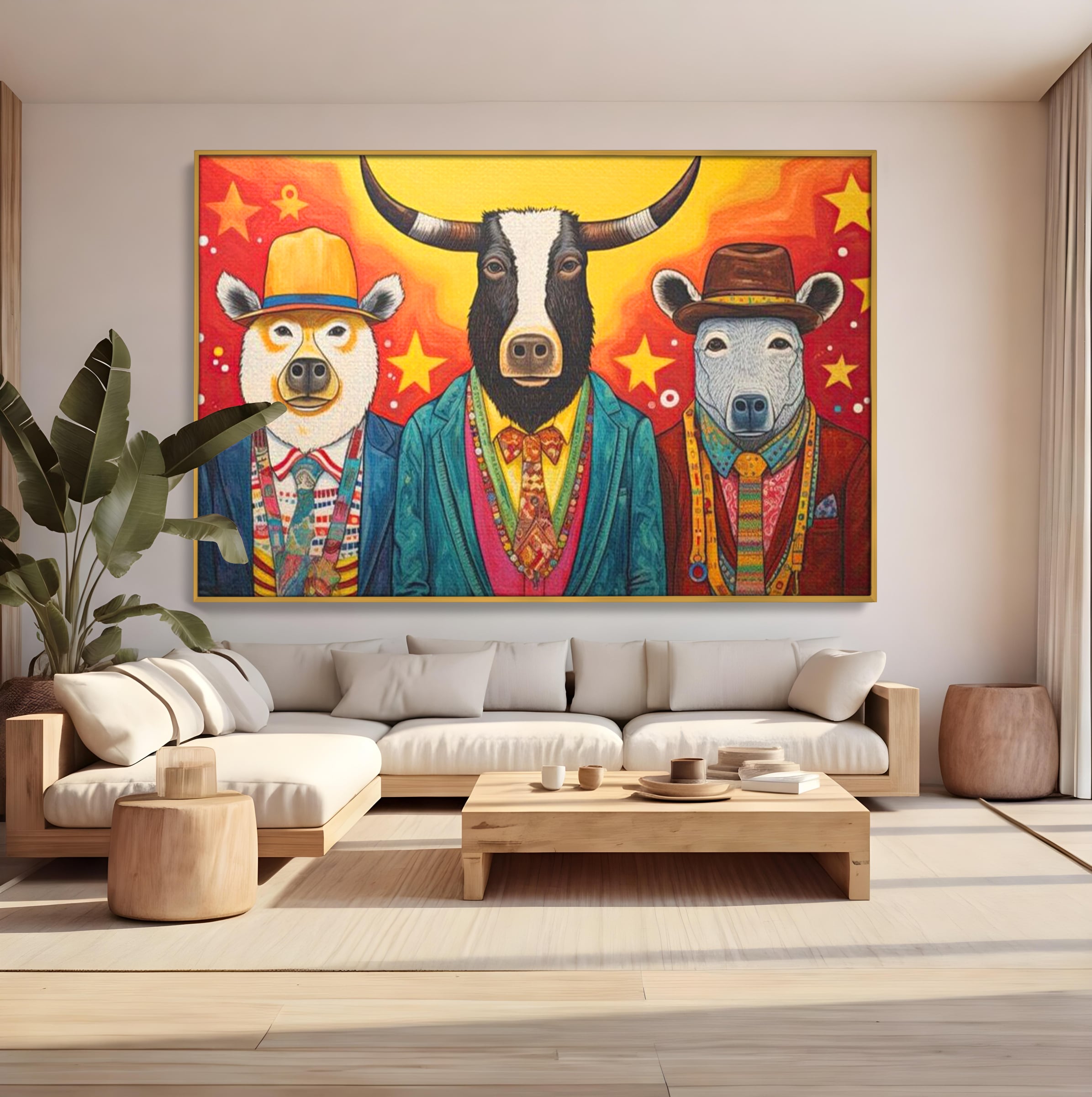 Tablou Canvas Premium, LuxCanva® K1009, Banditii in Costume, Blana, Vedete, Coarne, Costum, Gasca, Urs, Vaca, Bou, Stilizati, Personaje, Pop-Art, Ludic, Prietenie, Camera Copii