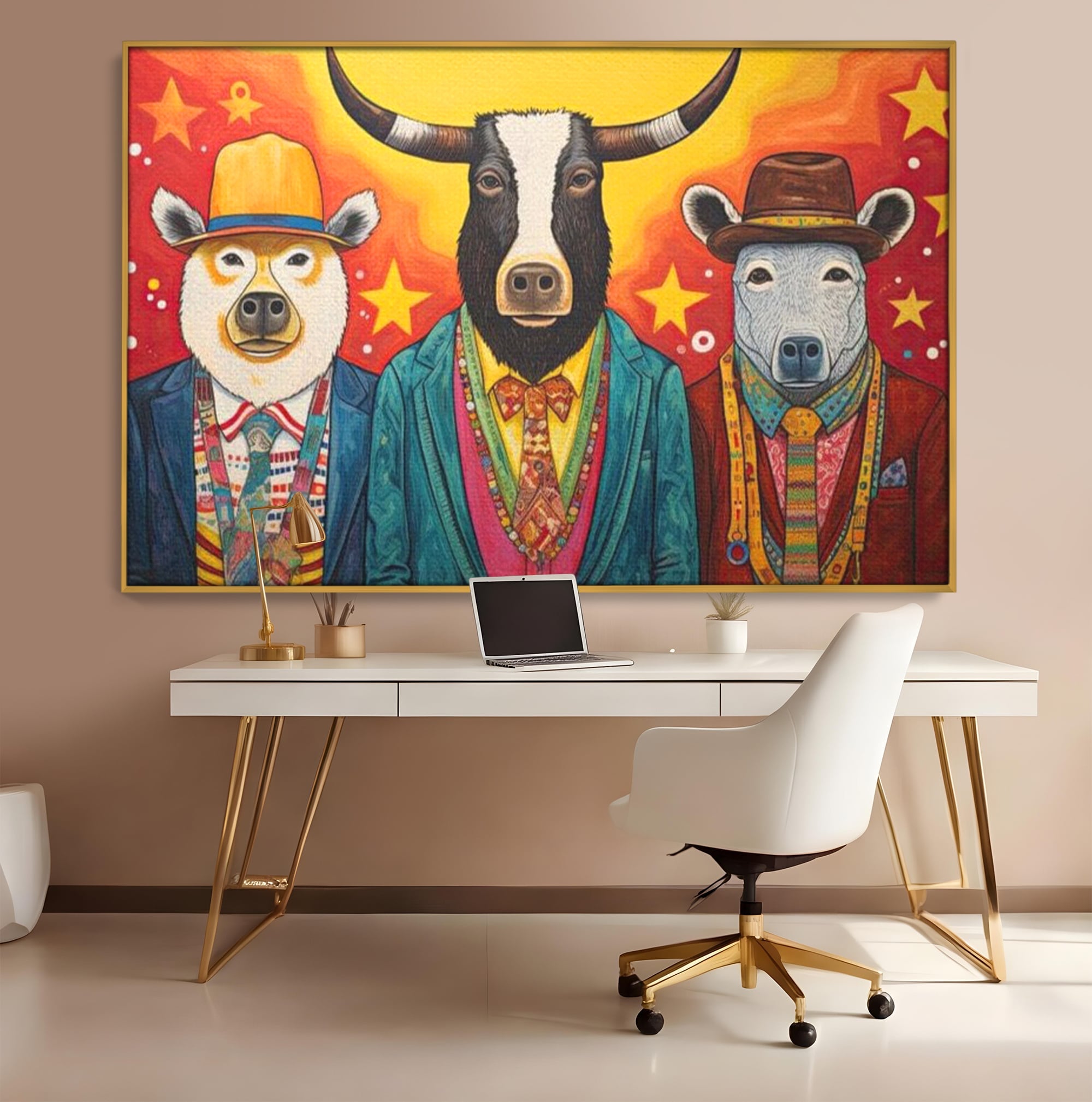 Tablou Canvas Premium, LuxCanva® K1009, Banditii in Costume, Blana, Vedete, Coarne, Costum, Gasca, Urs, Vaca, Bou, Stilizati, Personaje, Pop-Art, Ludic, Prietenie, Camera Copii