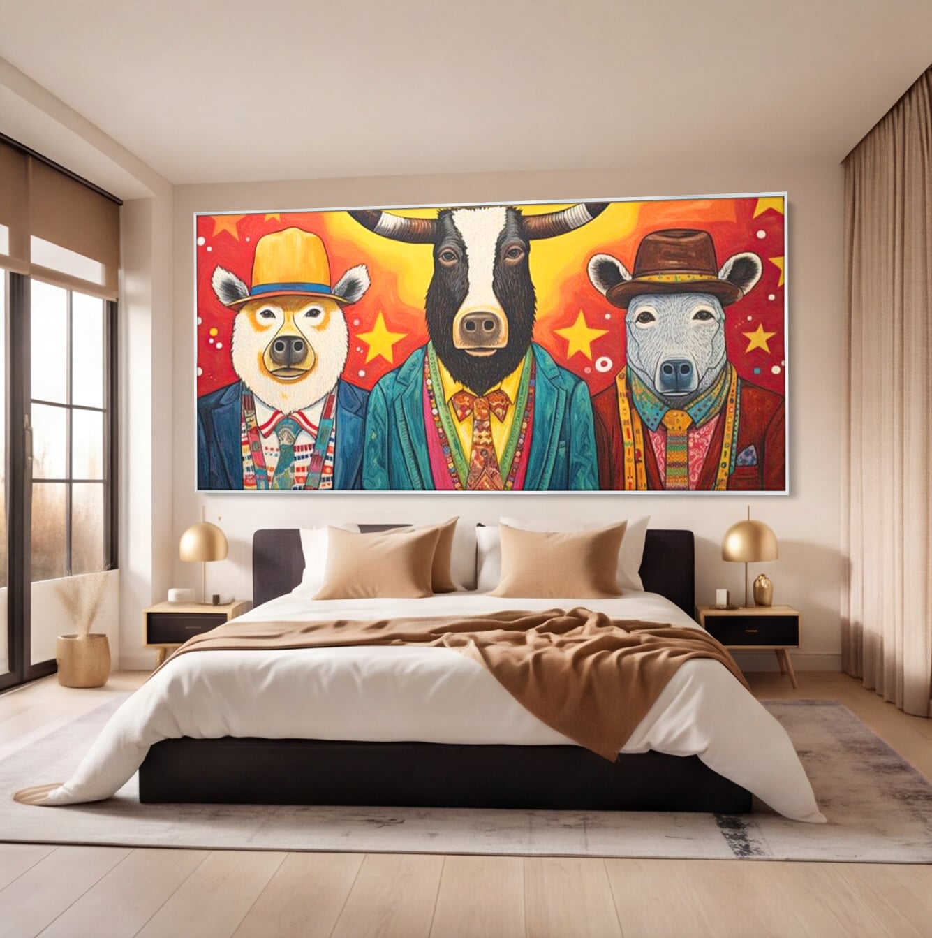 Tablou Canvas Premium, LuxCanva® K1009, Banditii in Costume, Blana, Vedete, Coarne, Costum, Gasca, Urs, Vaca, Bou, Stilizati, Personaje, Pop-Art, Ludic, Prietenie, Camera Copii