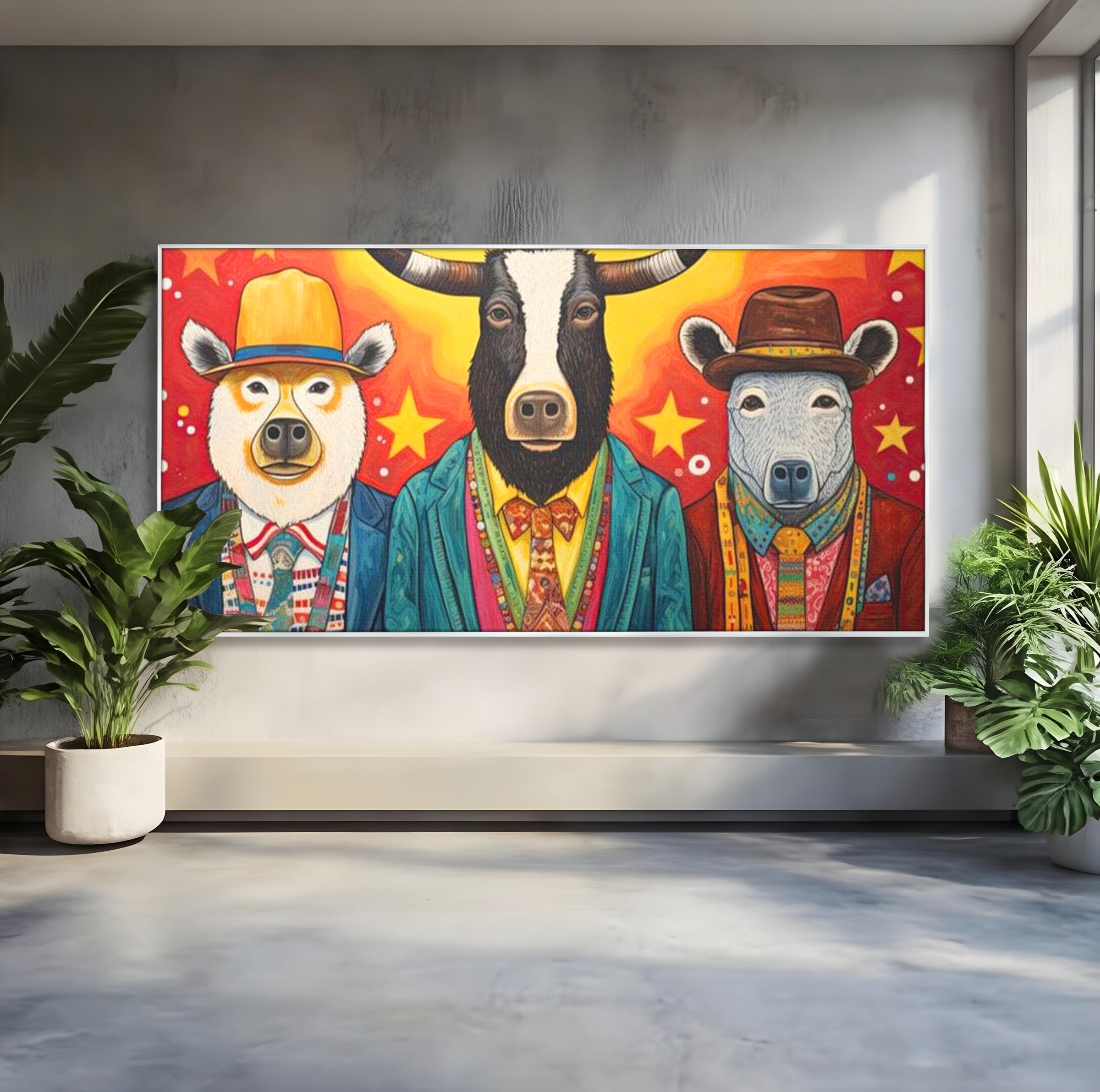 Tablou Canvas Premium, LuxCanva® K1009, Banditii in Costume, Blana, Vedete, Coarne, Costum, Gasca, Urs, Vaca, Bou, Stilizati, Personaje, Pop-Art, Ludic, Prietenie, Camera Copii