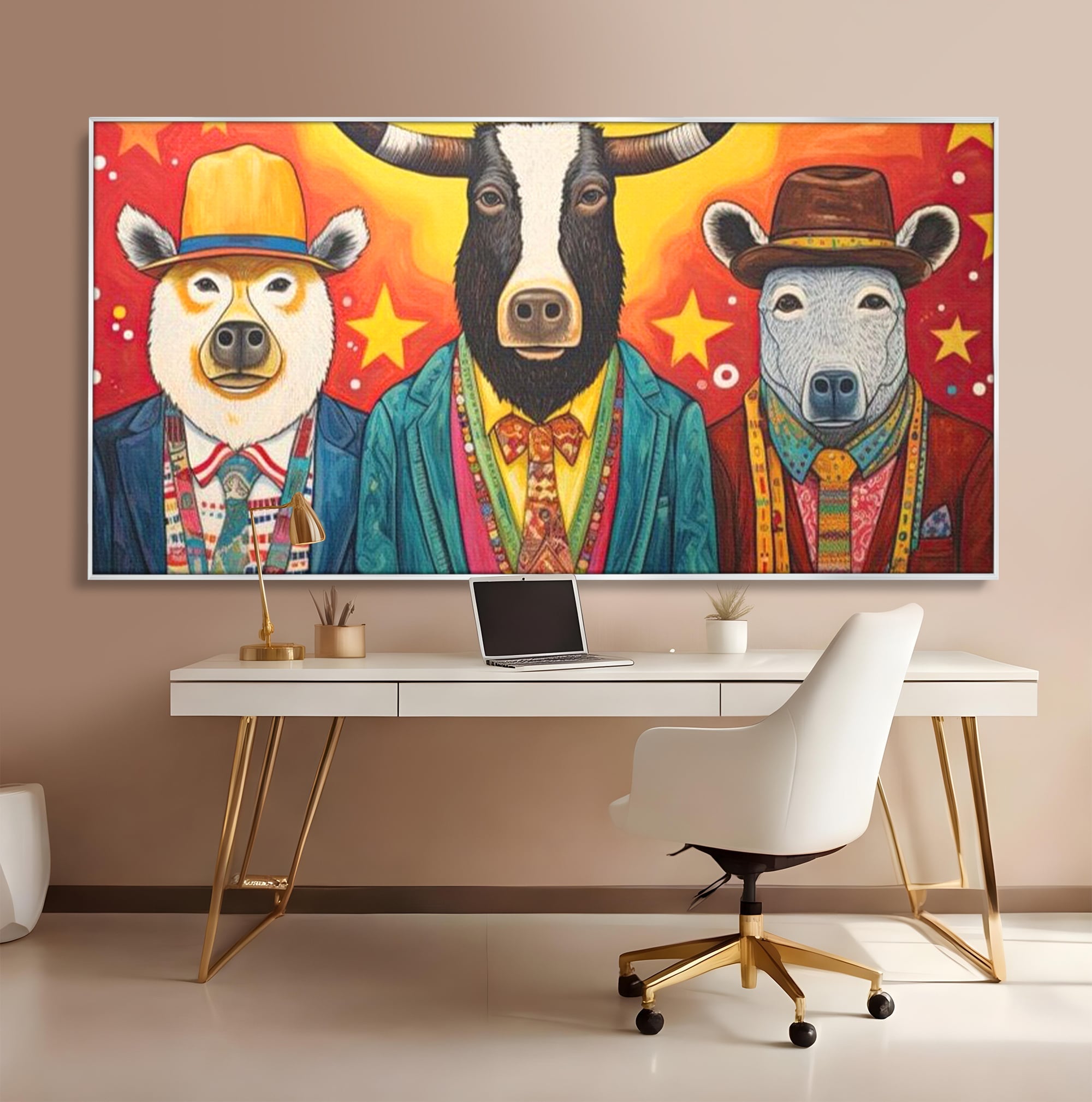 Tablou Canvas Premium, LuxCanva® K1009, Banditii in Costume, Blana, Vedete, Coarne, Costum, Gasca, Urs, Vaca, Bou, Stilizati, Personaje, Pop-Art, Ludic, Prietenie, Camera Copii