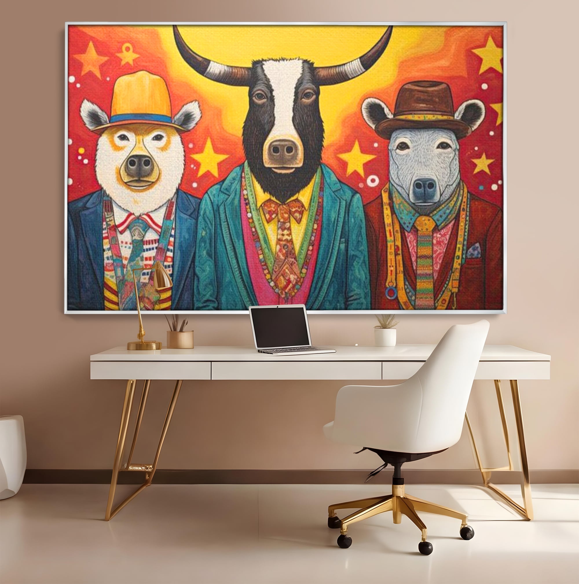 Tablou Canvas Premium, LuxCanva® K1009, Banditii in Costume, Blana, Vedete, Coarne, Costum, Gasca, Urs, Vaca, Bou, Stilizati, Personaje, Pop-Art, Ludic, Prietenie, Camera Copii