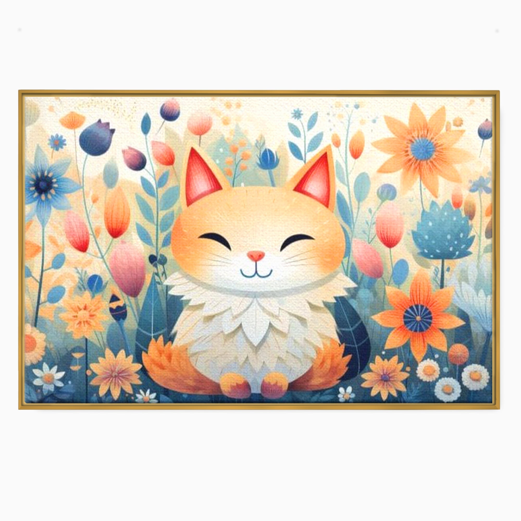 Tablou Canvas Premium, LuxCanva® K1010, Pisicuta Zen,  Gradina, Fermecata, Zambet, Flori, Felina, Fericire, Vise, Taram, Calm, Pisicuta, Blandete, Copilarie, Camera Copii